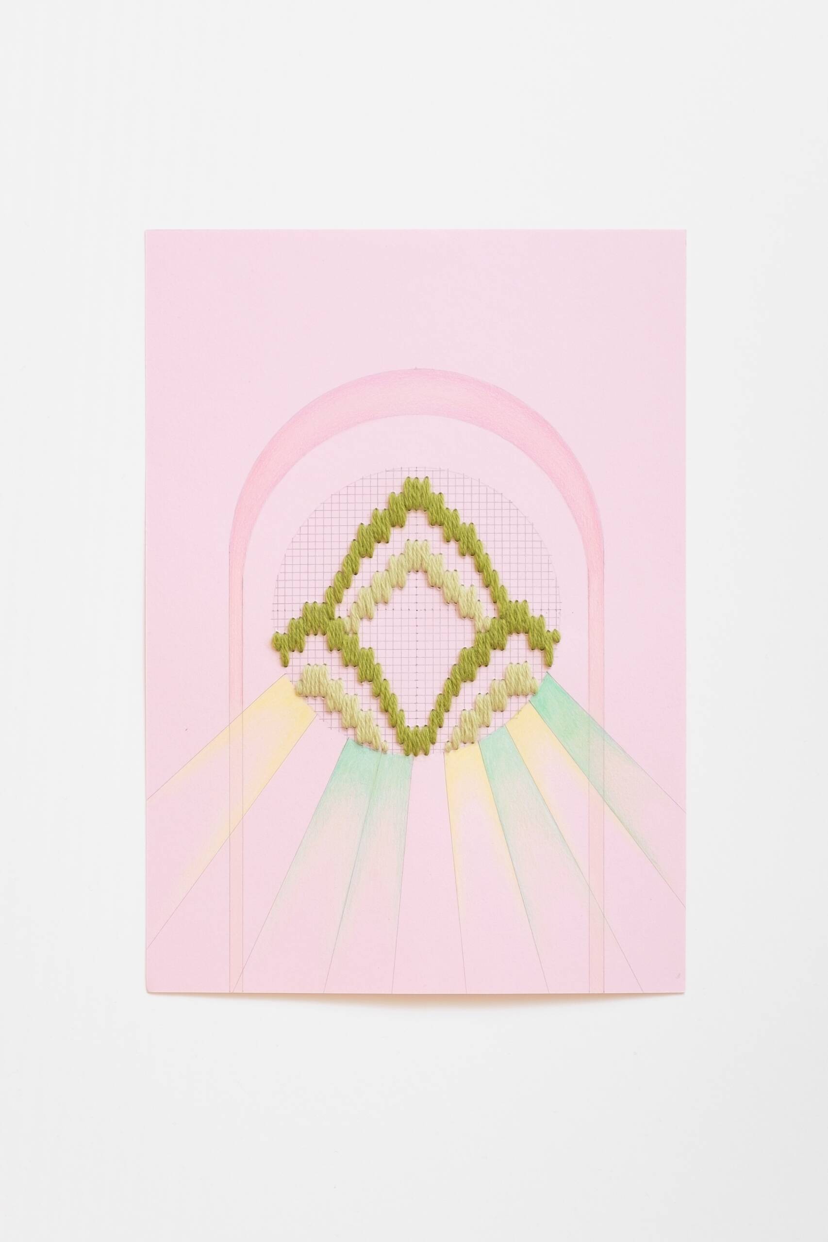 Bargello circle [green on pink], Hand-embroidered wool yarn, pencil and colored pencil on 170 gsm paper, 2021