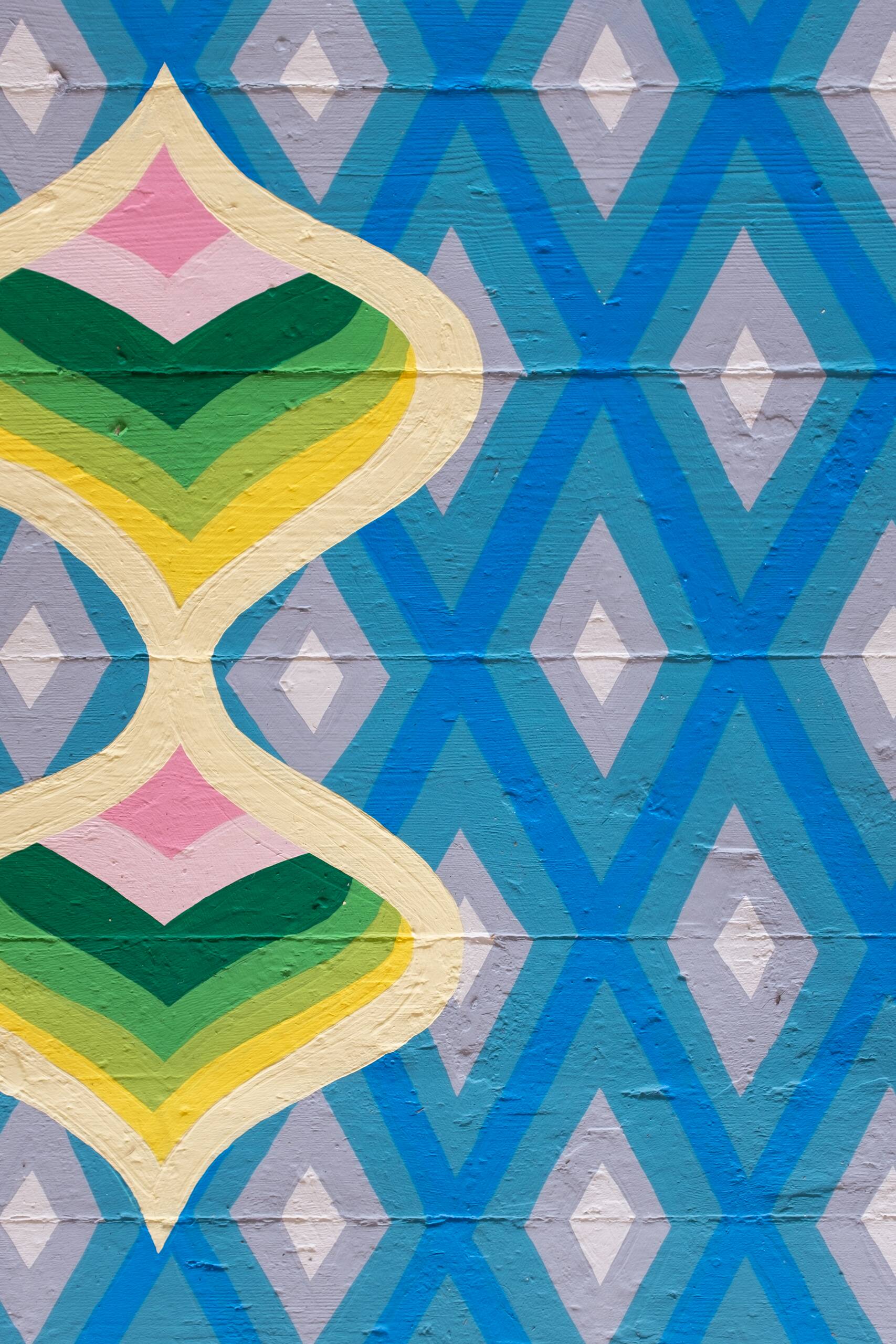 Bargello floor painting [green hearts and blue diamonds], House paint on floor, 2020