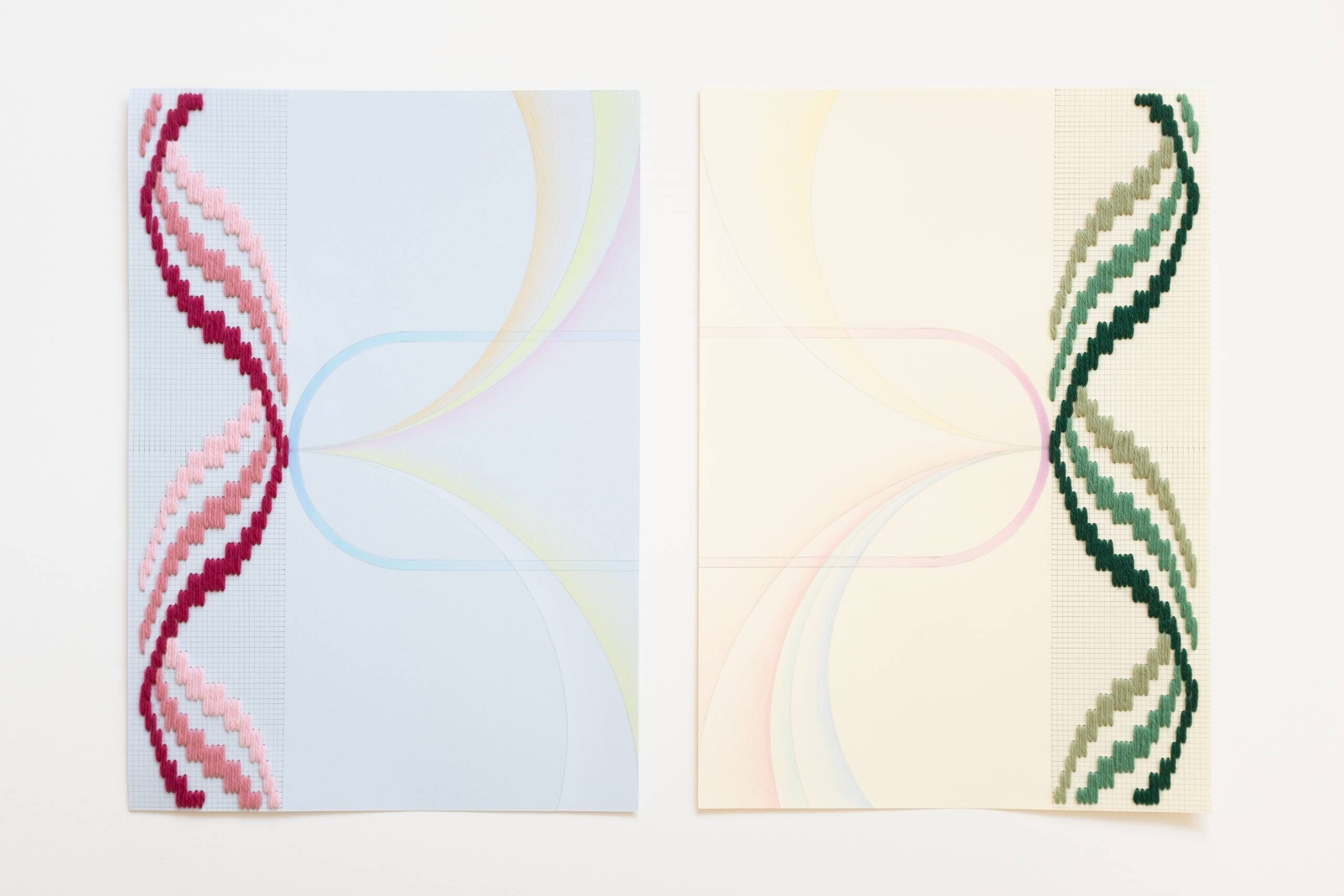 Bargello rectangles [pink on blue and green on yellow] (diptych), Hand-embroidered wool yarn, pencil and colored pencil on 170 gsm paper, 2021
