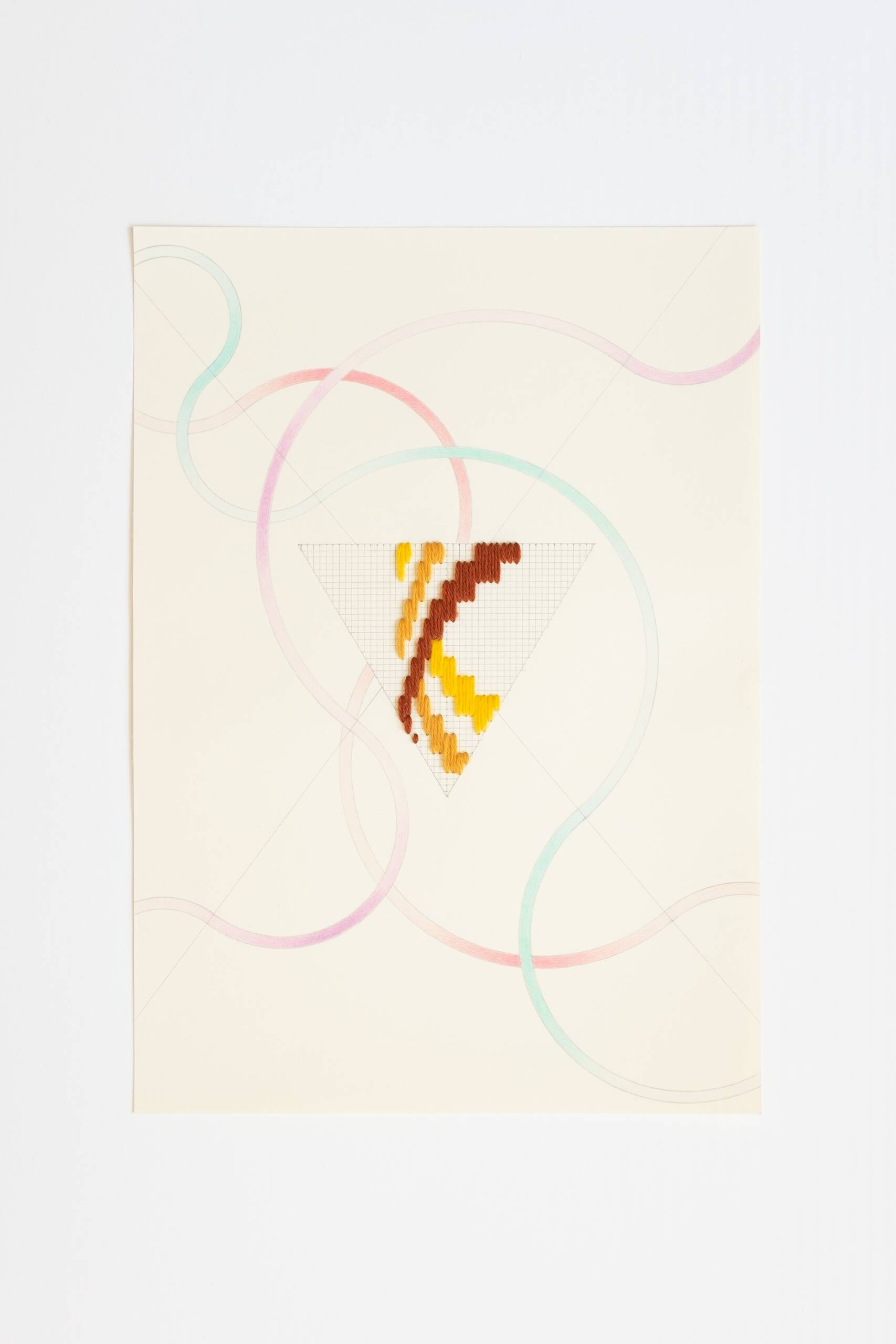 Bargello triangle [gold on yellow], Hand-embroidered wool yarn, pencil and colored pencil on 170 gsm paper, 2021
