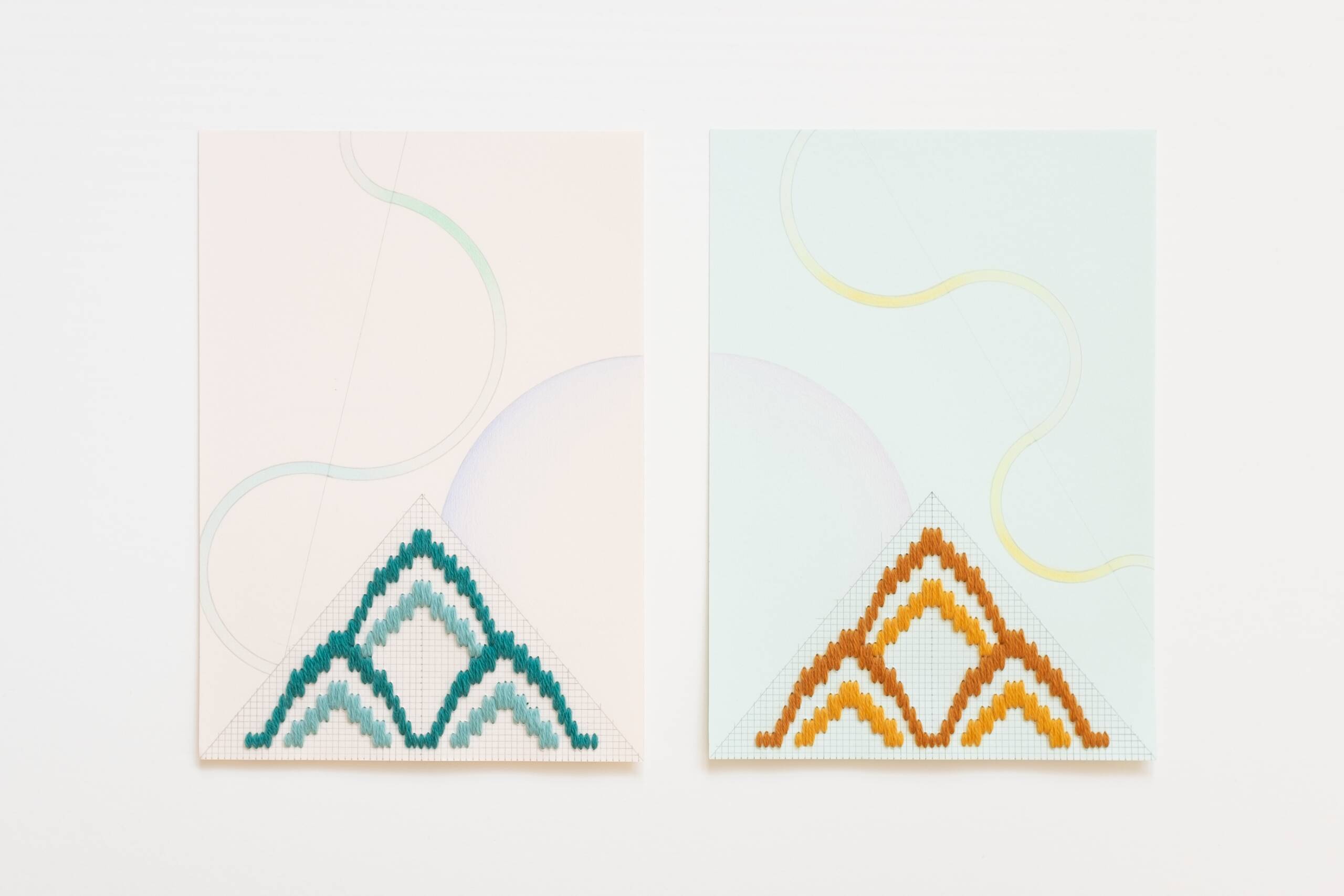 Bargello triangles [teal on peach and gold on green] (diptych), Hand-embroidered wool yarn, pencil and colored pencil on 170 gsm paper, 2021