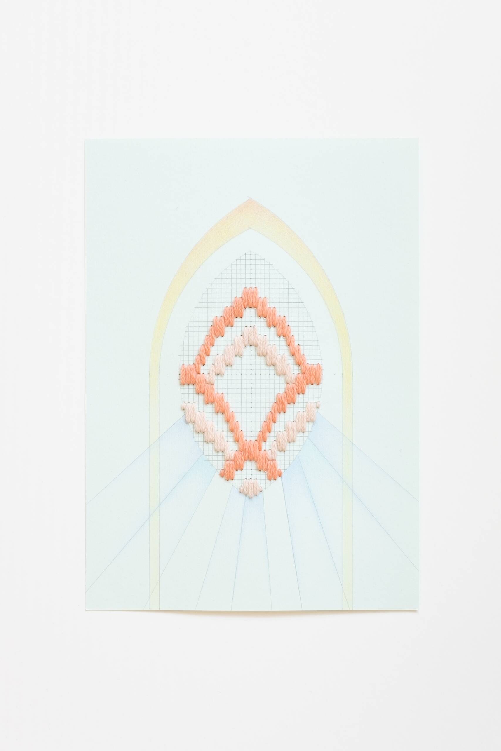 Bargello vesica piscis [peach on green], Hand-embroidered wool yarn, pencil and colored pencil on 170 gsm paper, 2021