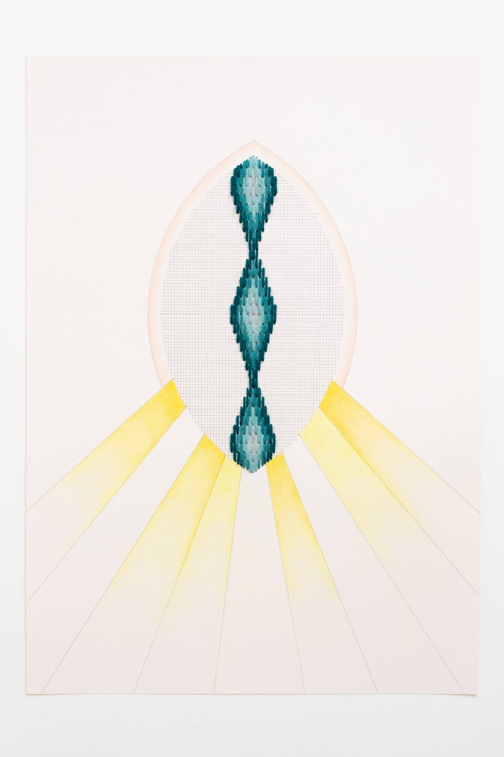 Bargello vesica piscis [teal on peach], Hand-embroidered wool, pencil and colored pencil on paper, 2020