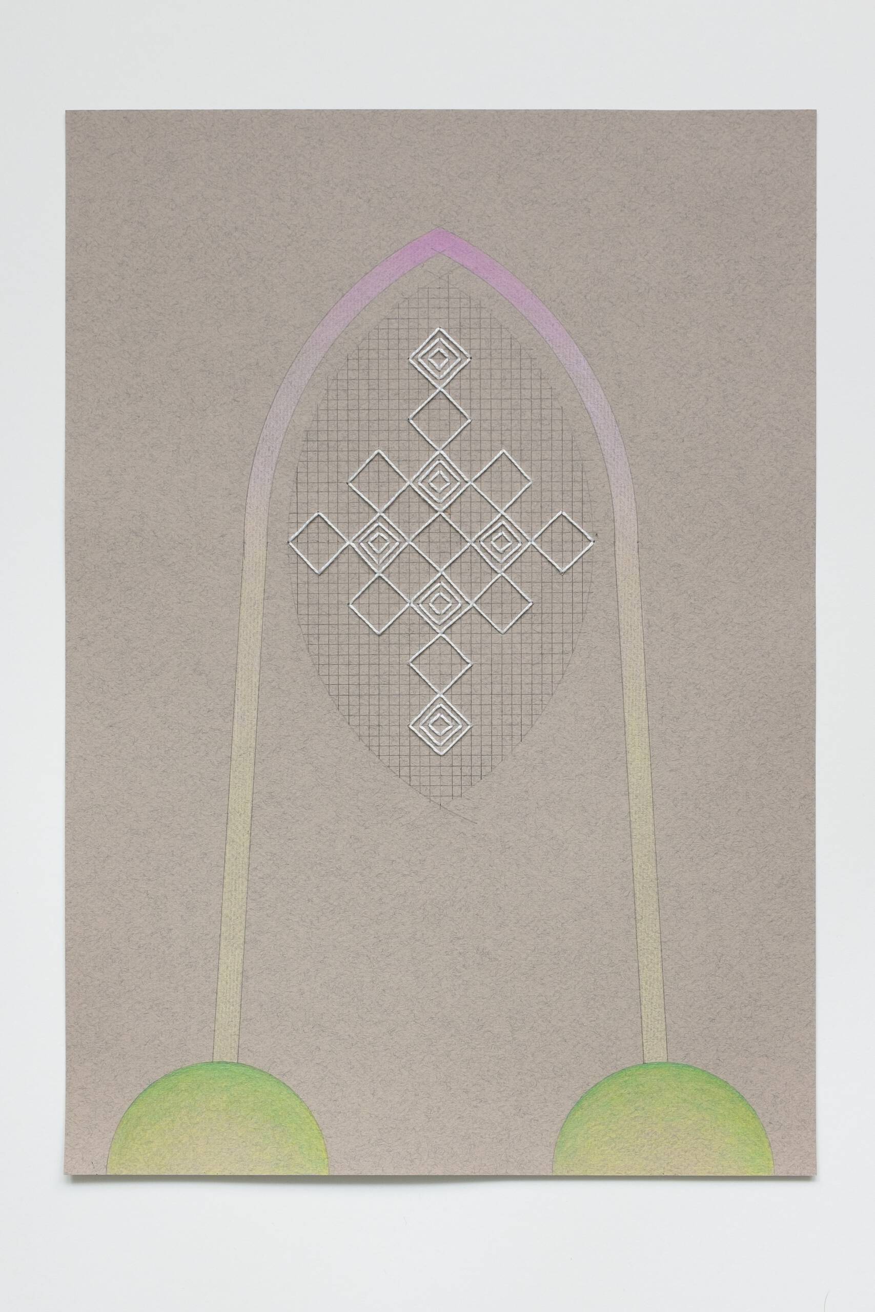 Bargello vesica piscis [white on grey], Hand-embroidered cotton, pencil and colored pencil on paper, 2020