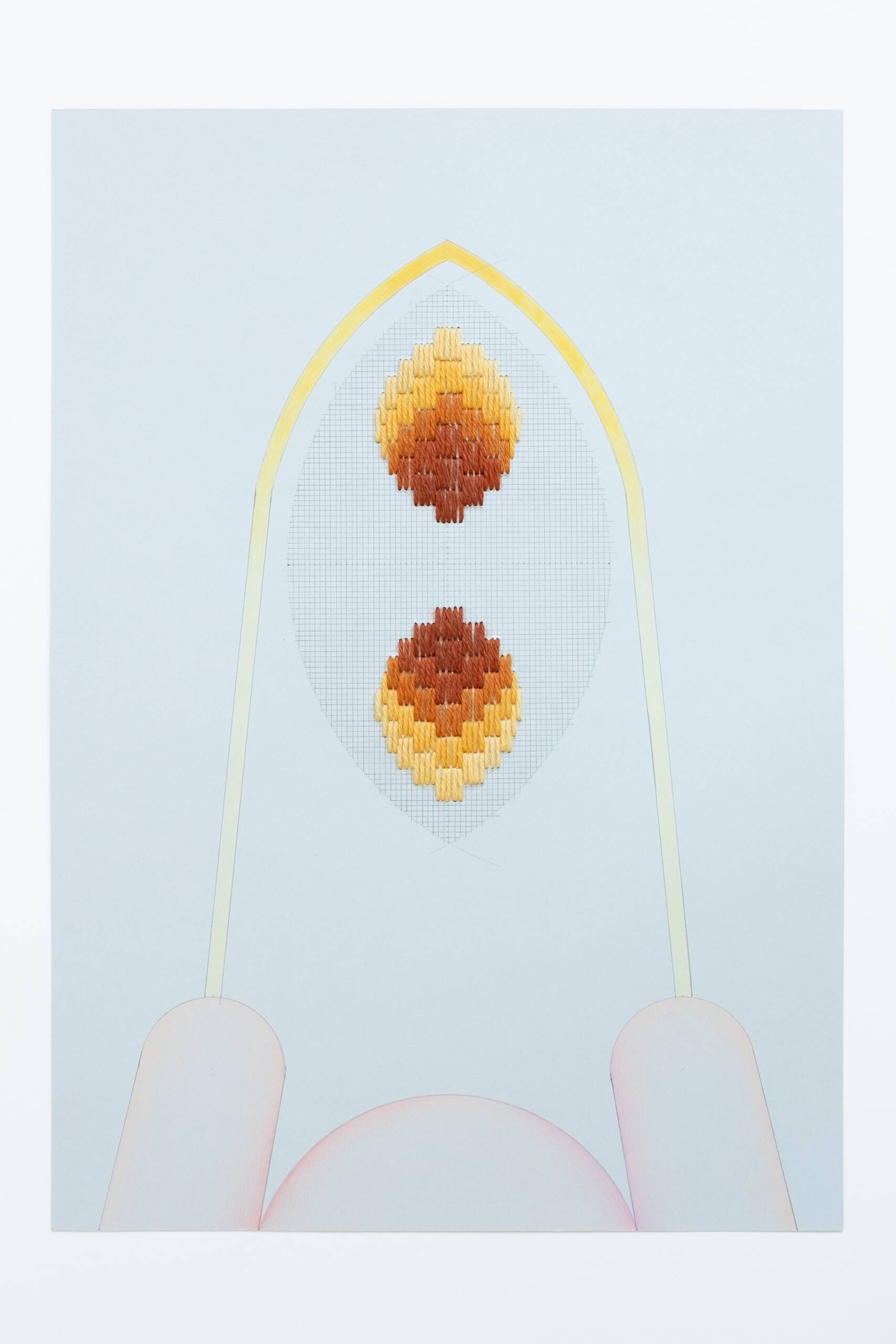 Bargello vesica piscis [yellow-orange on blue], Hand-embroidered wool, pencil and colored pencil on paper, 2020
