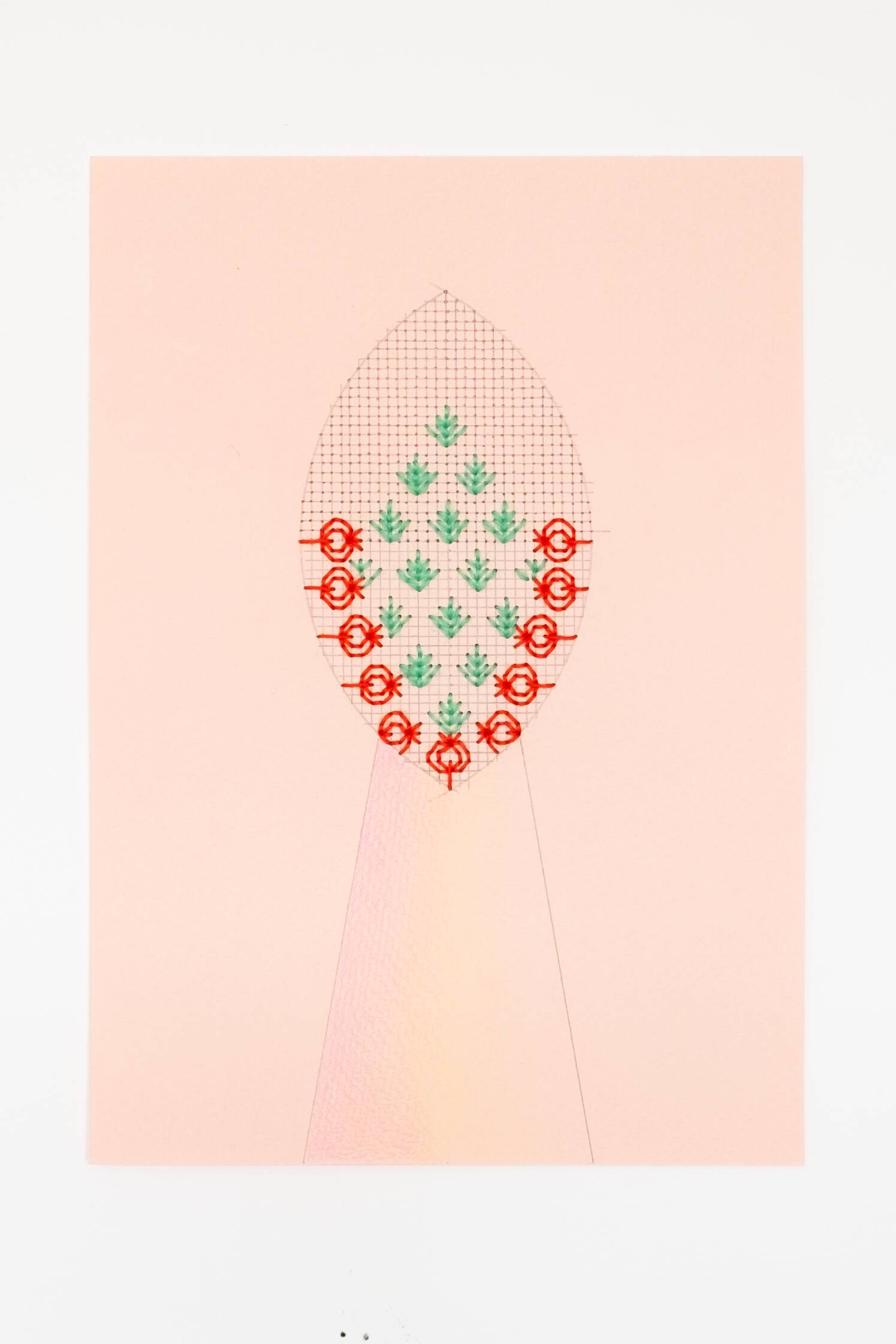 Blackwork vesica piscis [red-teal on peach], Hand-embroidered cotton, pencil and colored pencil on paper, 2020