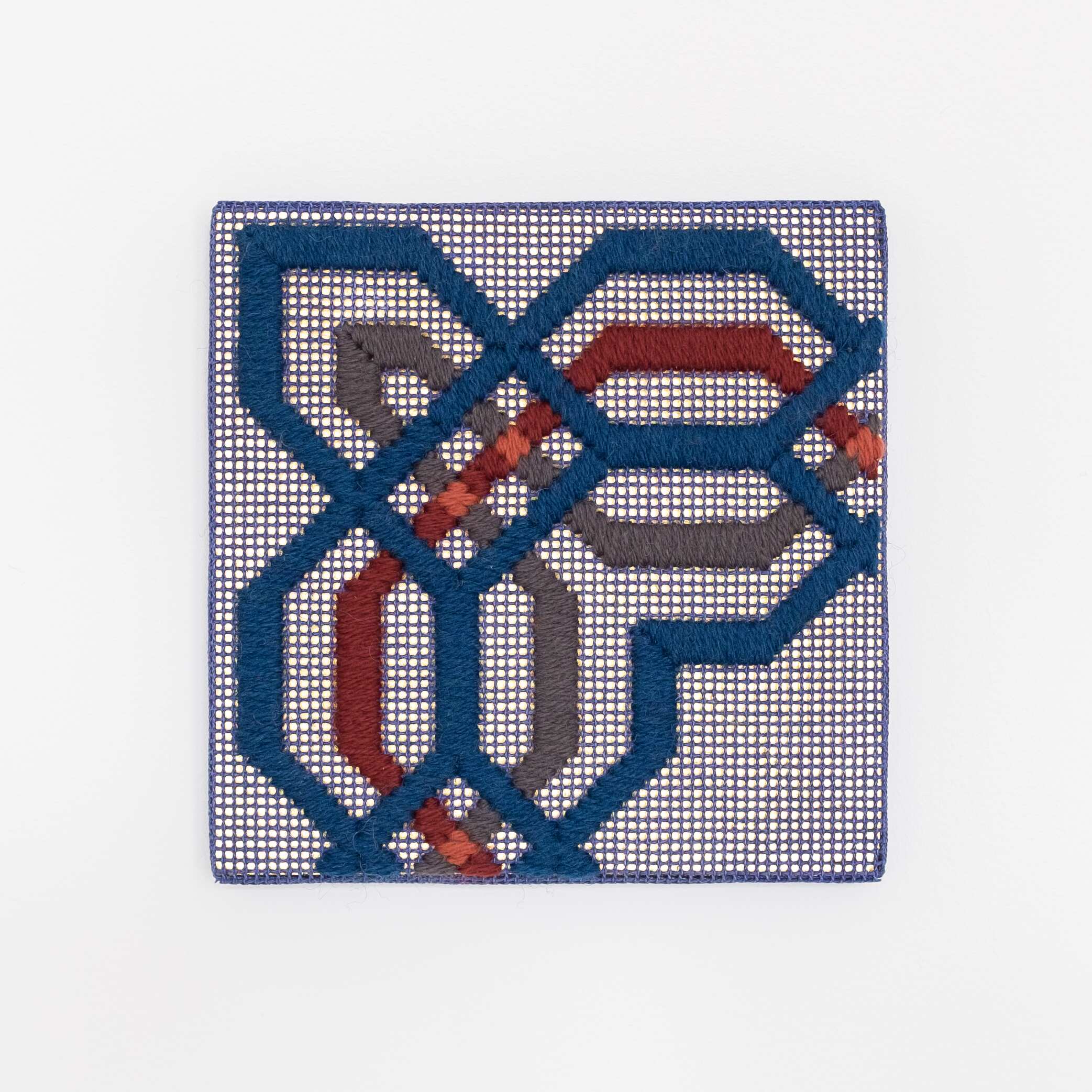 Border fragment [blue-grey-red on blue], Hand-embroidered wool thread and acrylic paint on canvas over gilded panel, 2021