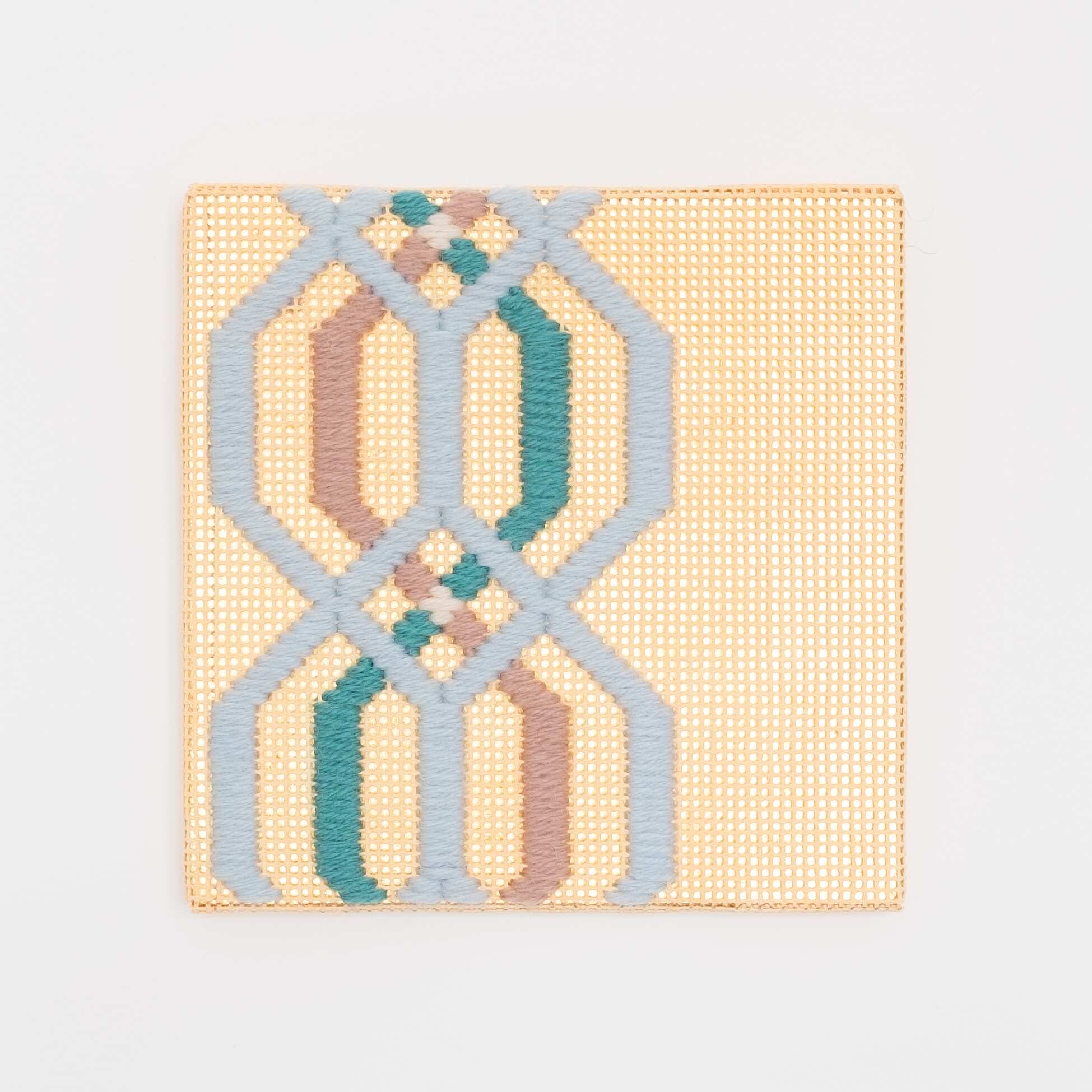 Border fragment [blue-teal-brown on peach], Hand-embroidered wool thread and acrylic paint on canvas over gilded panel, 2021