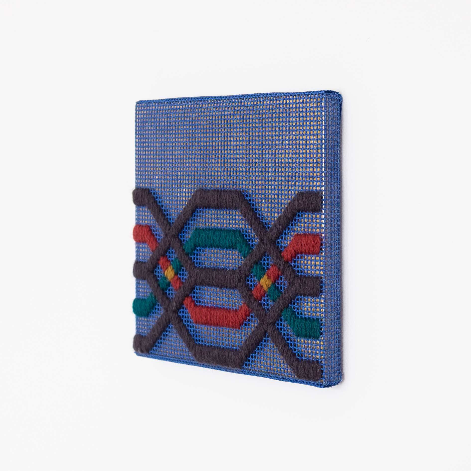 Border fragment [grey-teal-maroon on navy], Hand-embroidered wool thread and acrylic paint on canvas over gilded panel, 2021