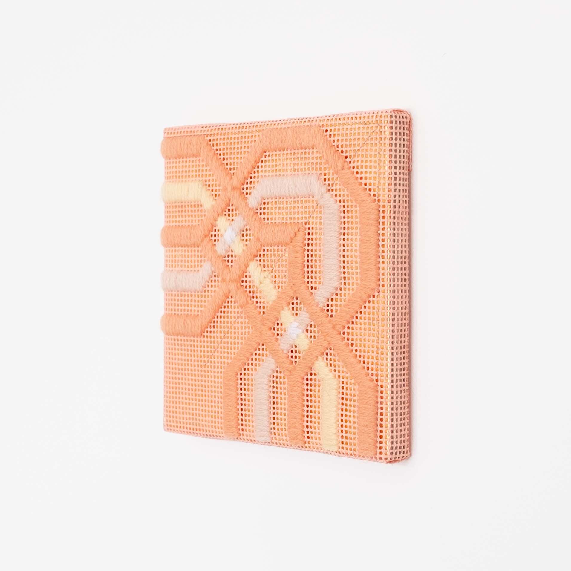 Border fragment [peach-yellow on peach], Hand-embroidered wool thread and acrylic paint on canvas over gilded panel, 2021