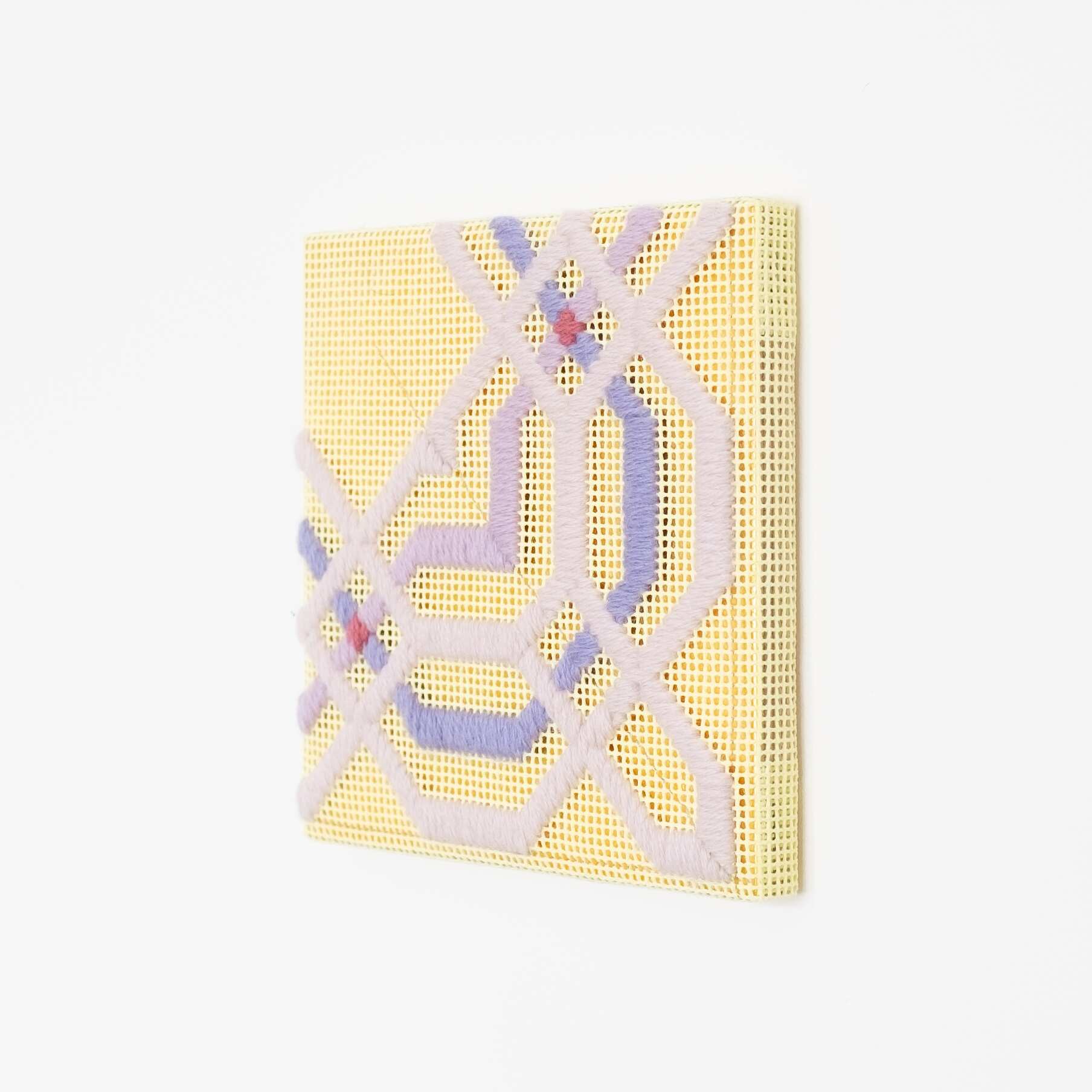 Border fragment [purple on yellow], Hand-embroidered wool thread and acrylic paint on canvas over gilded panel, 2021
