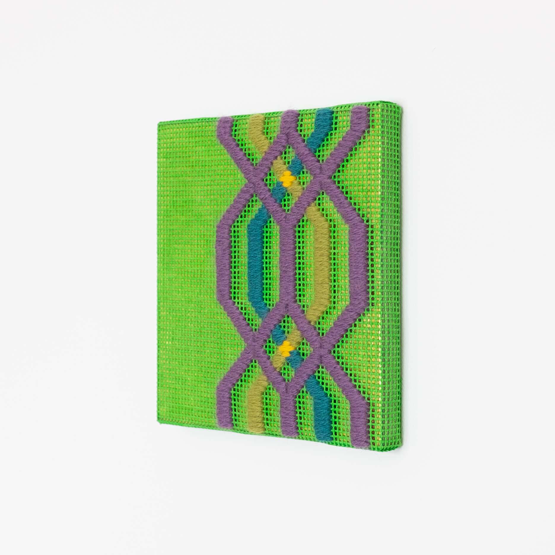 Border fragment [purple-teal-green on green], Hand-embroidered wool thread and acrylic paint on canvas over gilded panel, 2021