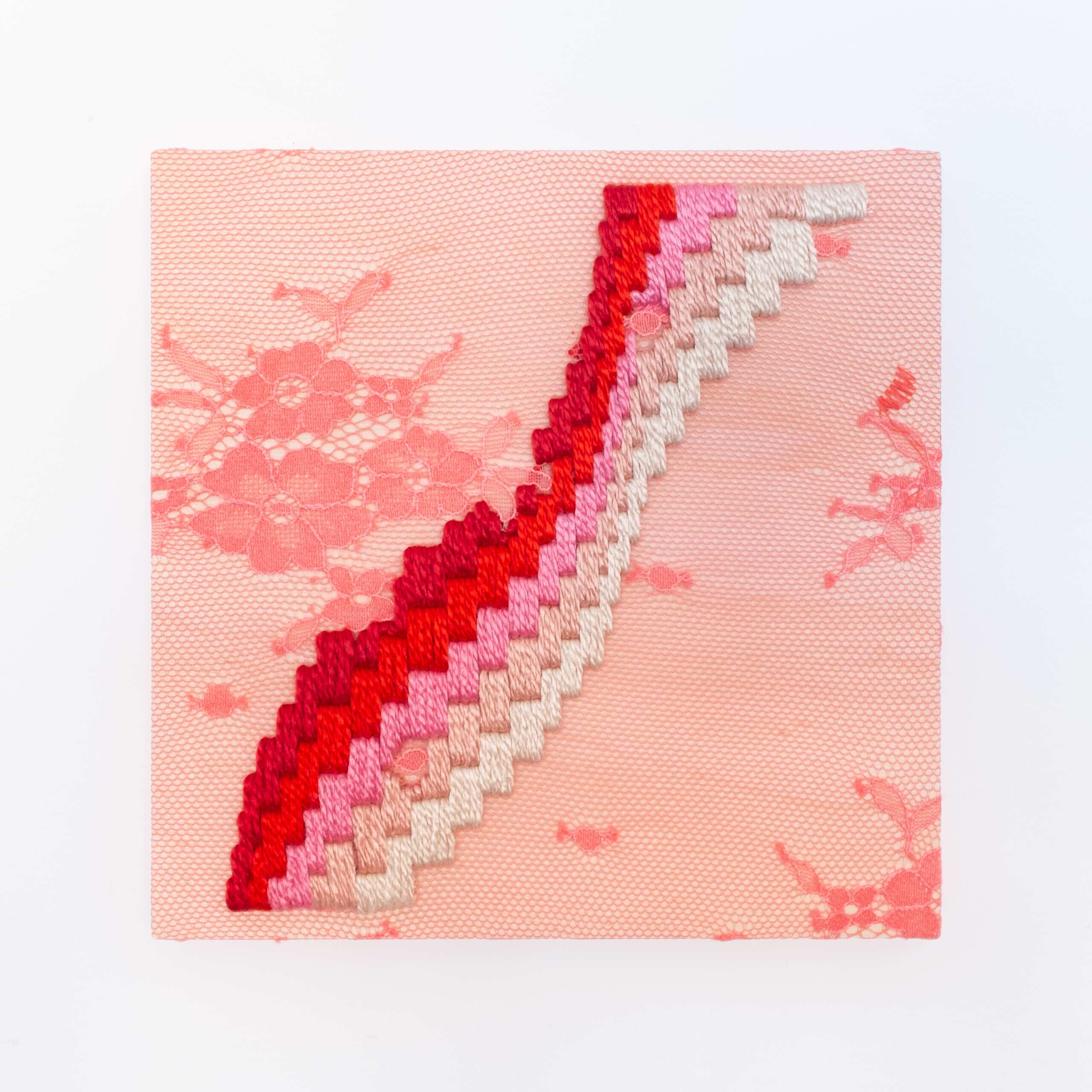 Get a Wiggle on [red], Hand-embroidered silk on lace over plywood panel, 2020