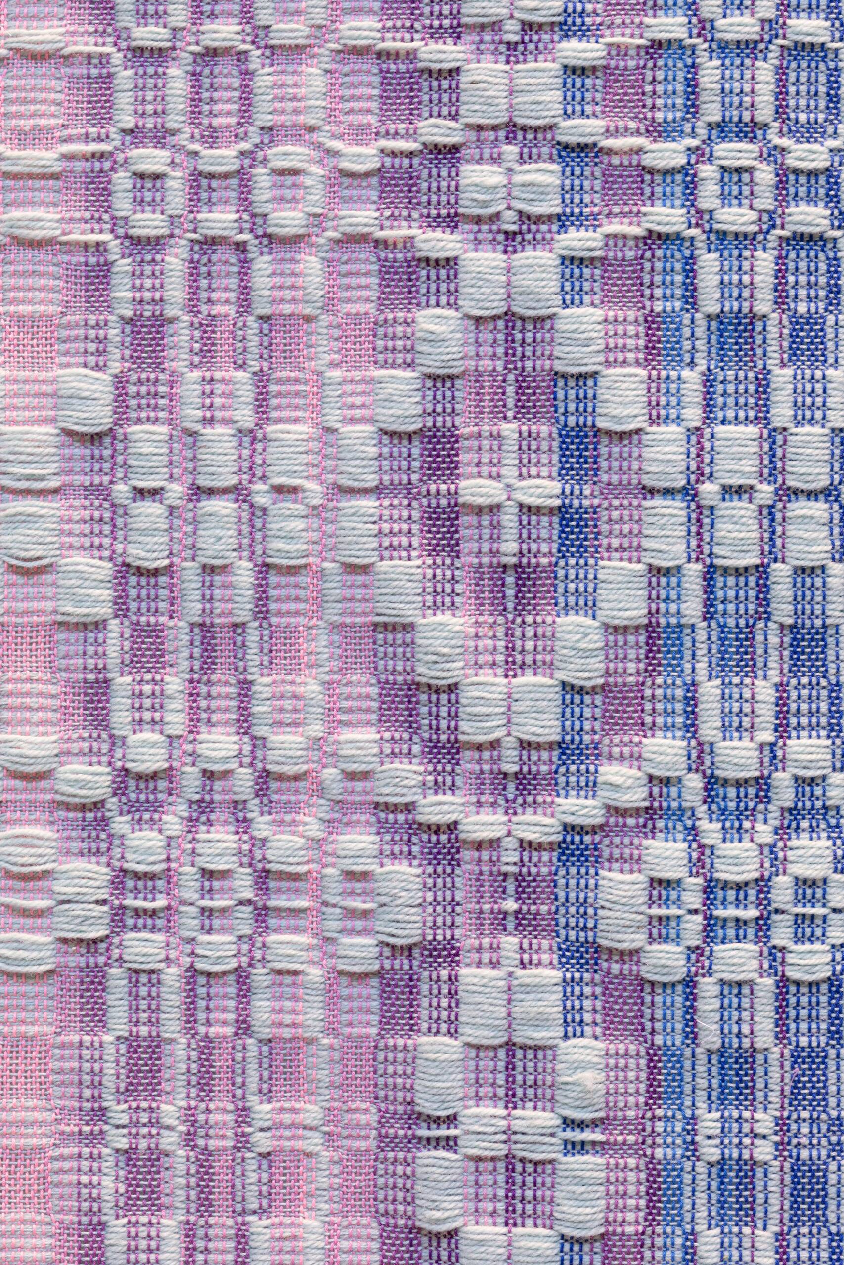 Memory Garden [hydrangea], Handwoven cotton and wool yarn, dowel, found fabric, 2023