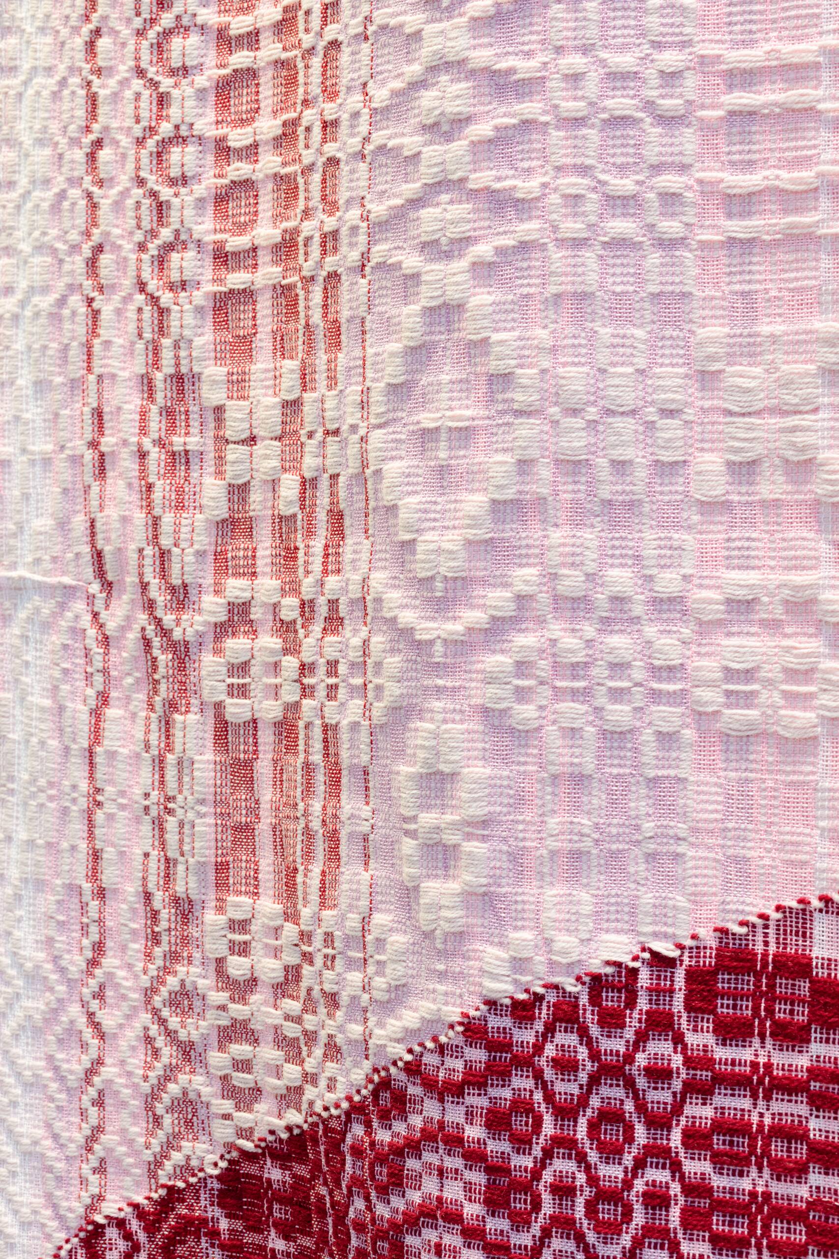 Memory Garden [peony], Handwoven cotton and wool yarn, dowel, found fabric, 2023