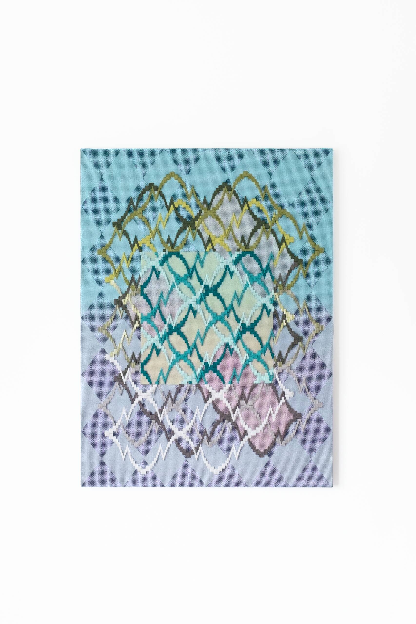 Pattern analysis [Golden Ratio, blue and purple], Hand-embroidered wool yarn and acrylic paint on canvas over painted and gilded panel, 2022