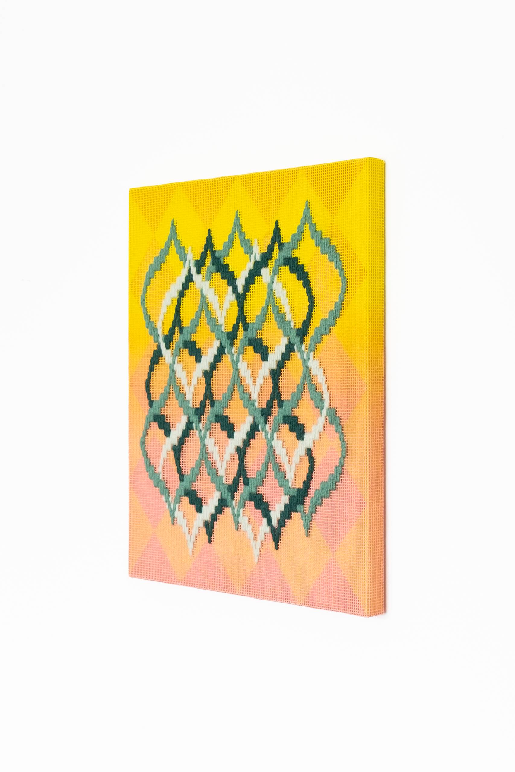 Pattern analysis [Golden Ratio, yellow and coral], Hand-embroidered wool yarn and acrylic paint on canvas over painted and gilded panel, 2022