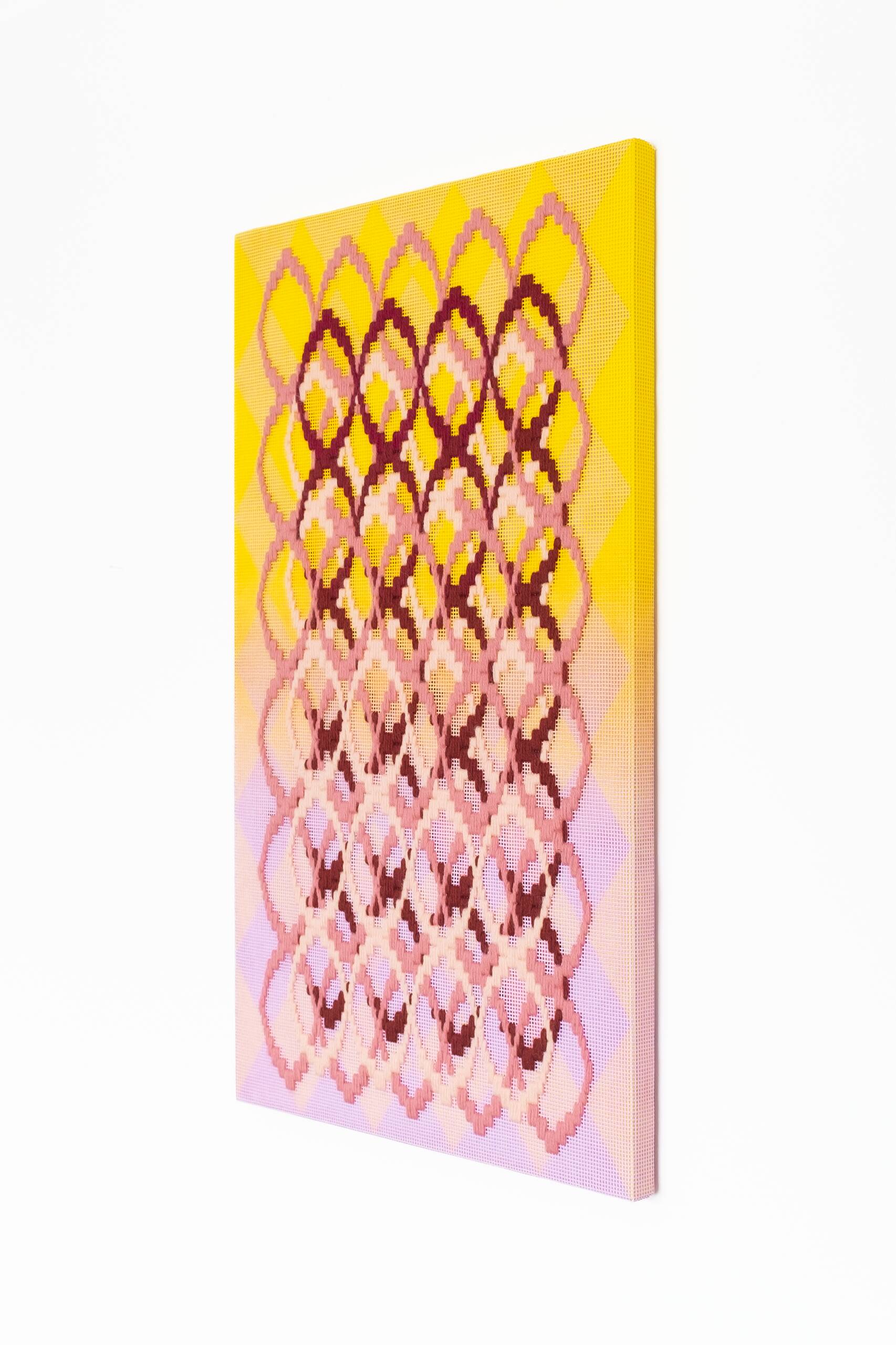Pattern analysis [Golden Ratio, yellow and fuchsia], Hand-embroidered wool yarn and acrylic paint on canvas over painted and gilded panel, 2022