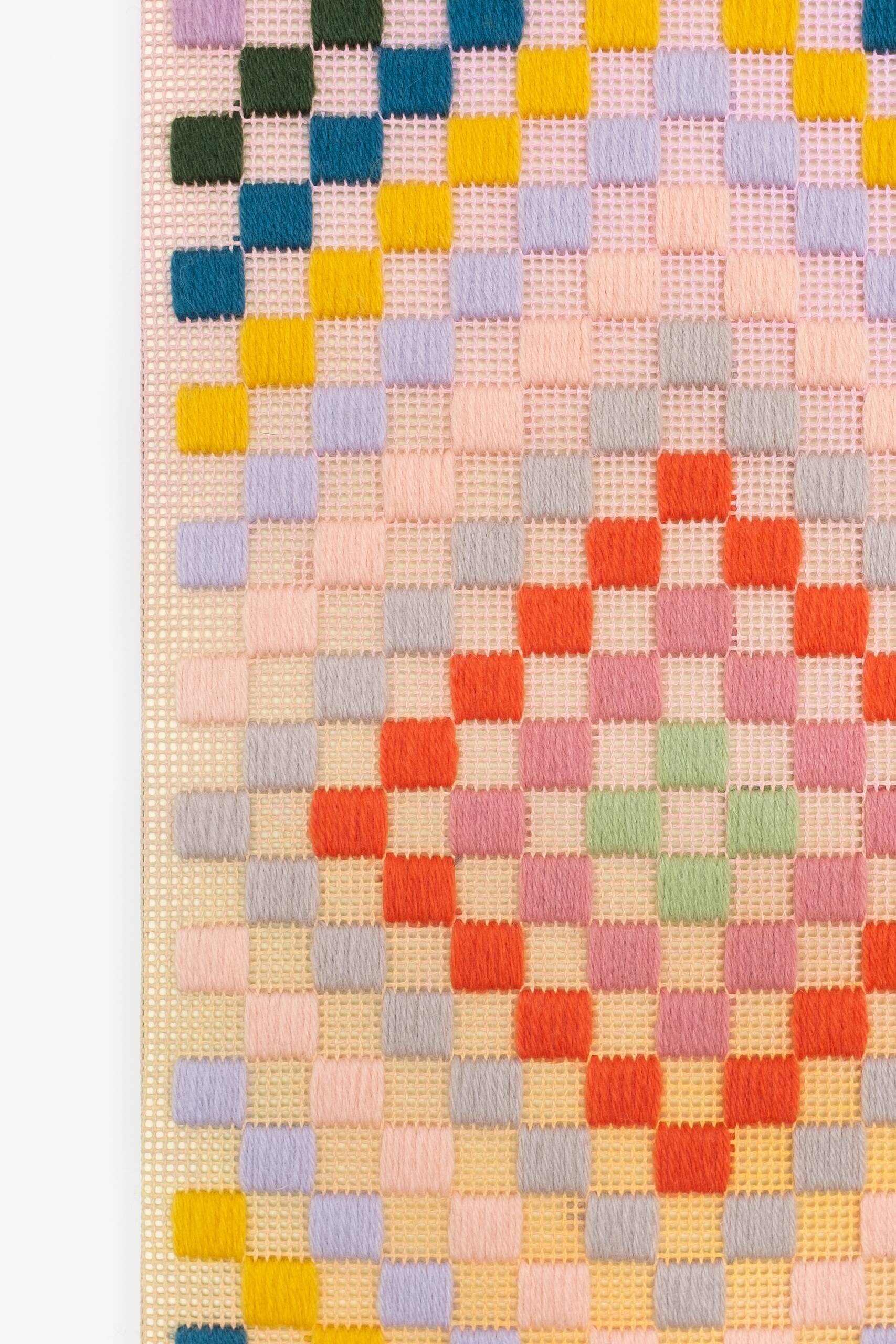 Punch card -- Patchwork [blue], Hand-embroidered wool yarn and acrylic paint on canvas, 2022