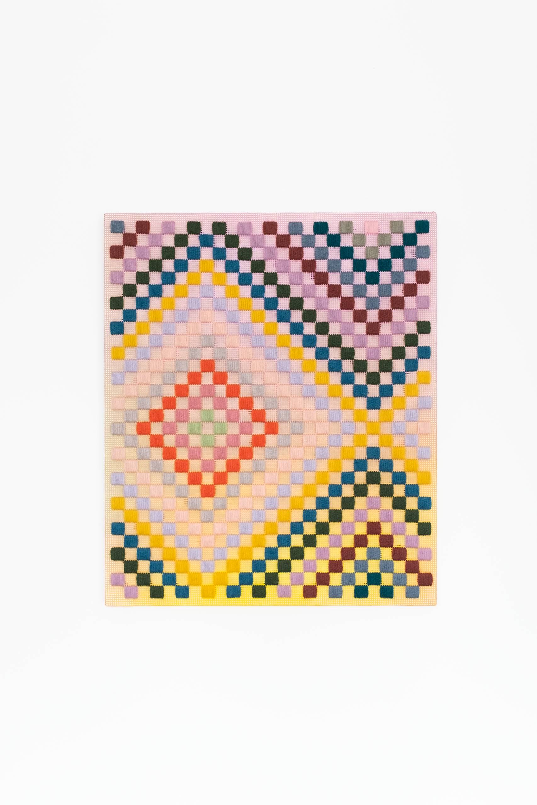 Punch card -- Patchwork [blue], Hand-embroidered wool yarn and acrylic paint on canvas, 2022
