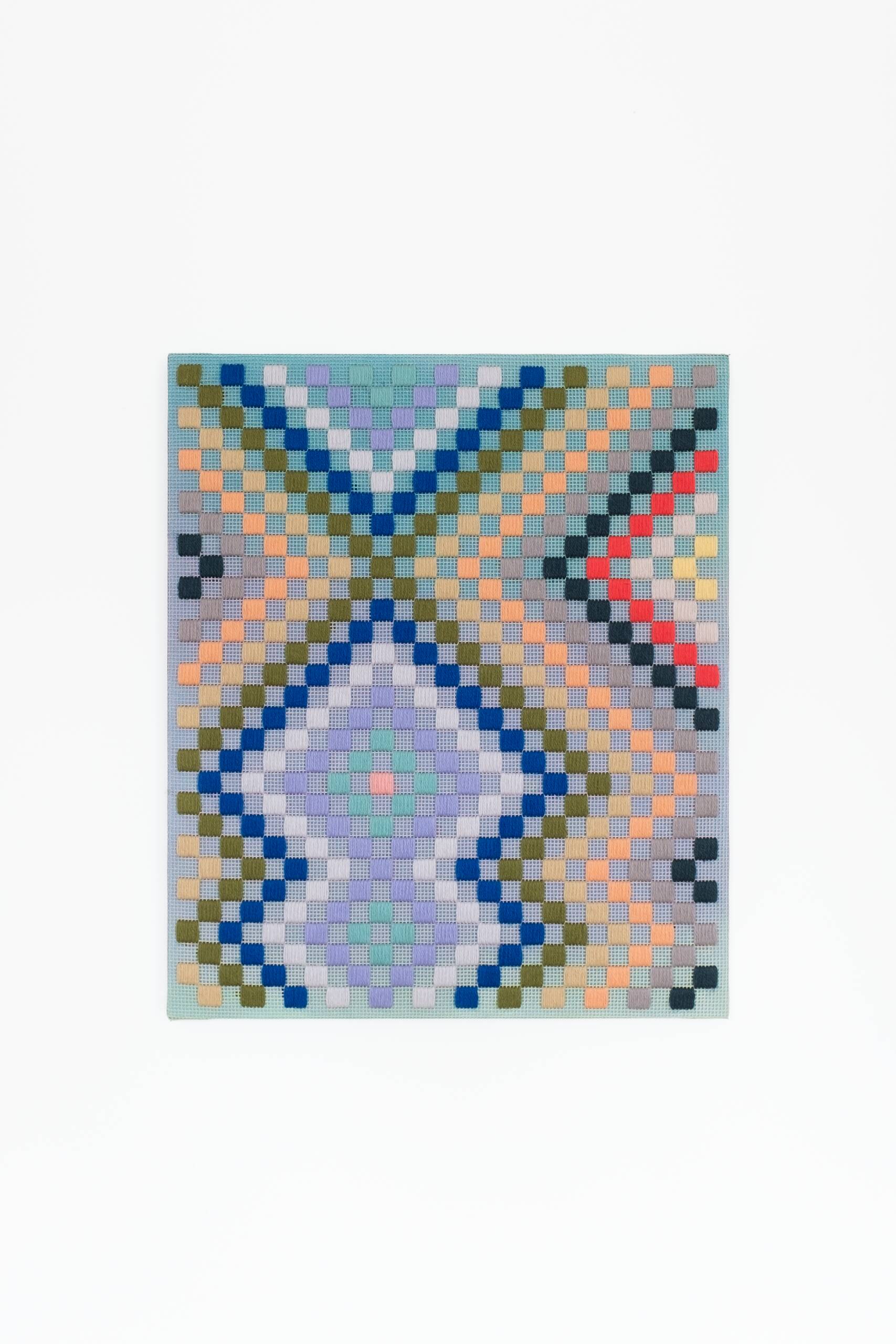 Punch card -- Patchwork [green], Hand-embroidered wool yarn and acrylic paint on canvas, 2022