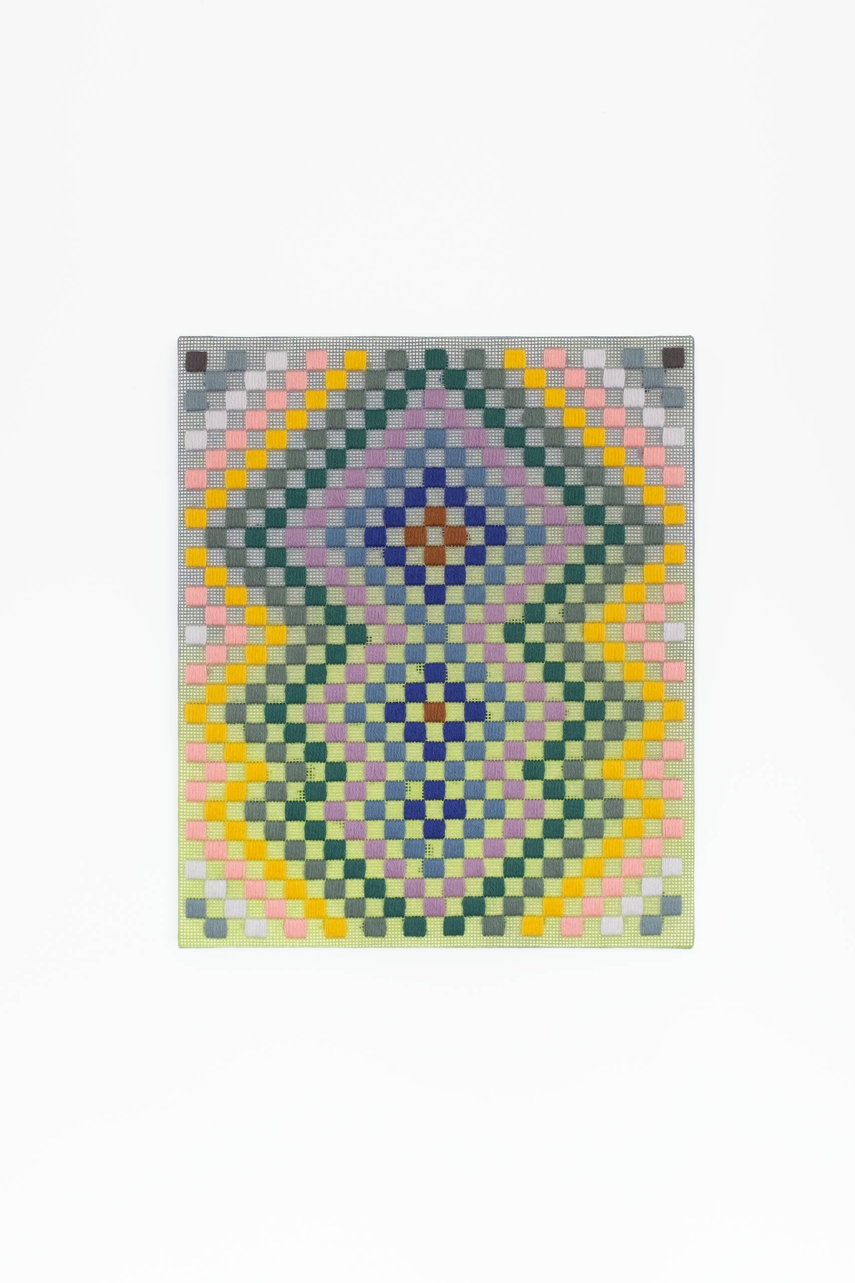 Punch card -- Patchwork [grey], Hand-embroidered wool yarn and acrylic paint on canvas, 2022
