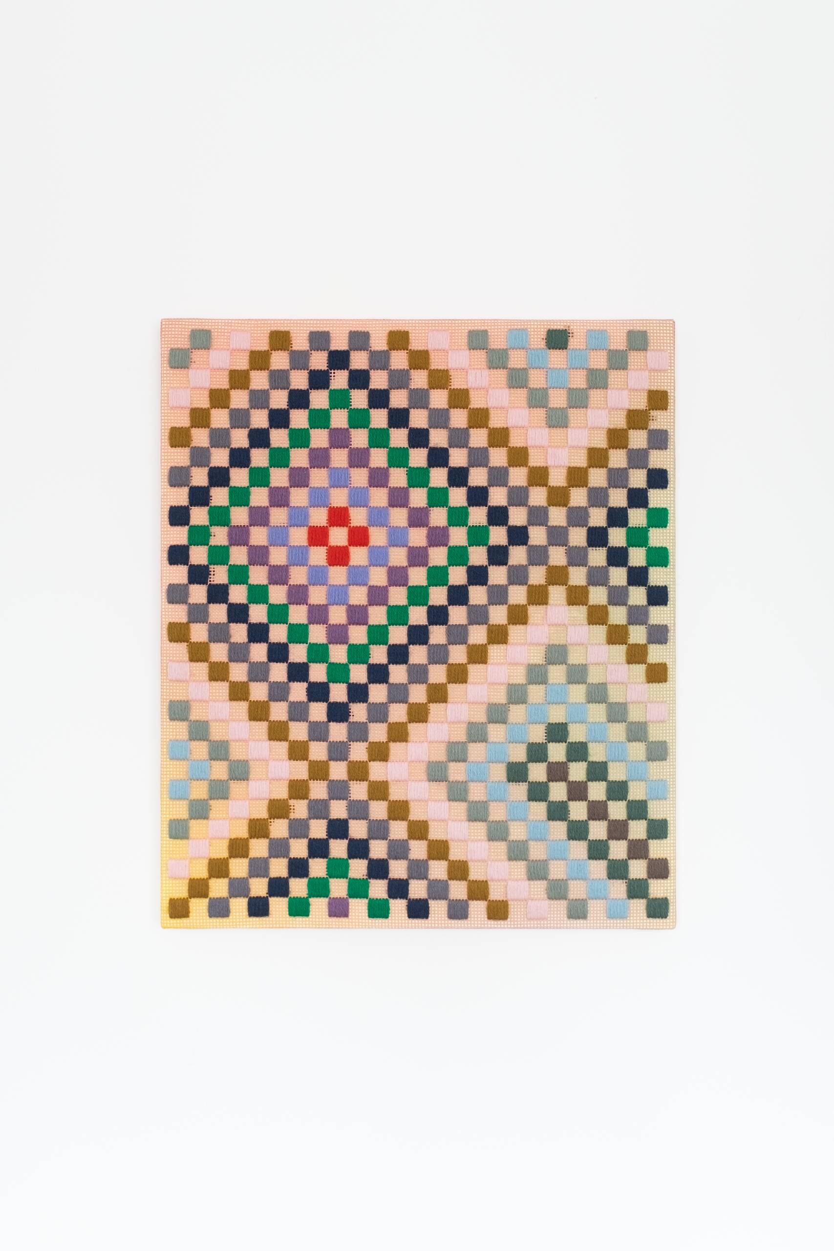 Punch card -- Patchwork [teal], Hand-embroidered wool yarn and acrylic paint on canvas, 2022