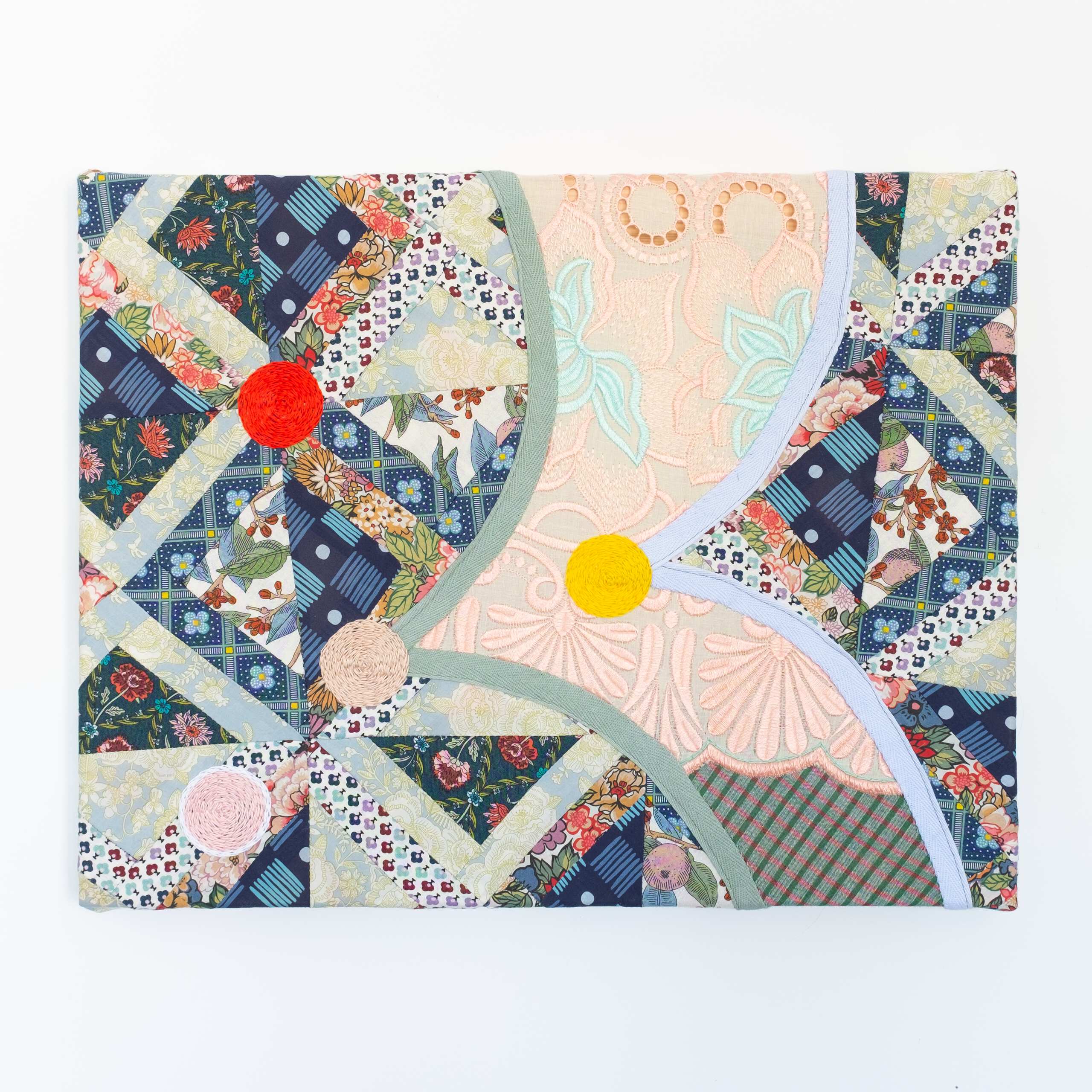 Quilted Composition (awkward painting 2), Sewn fabric, hand-embroidered cotton thread, 2020