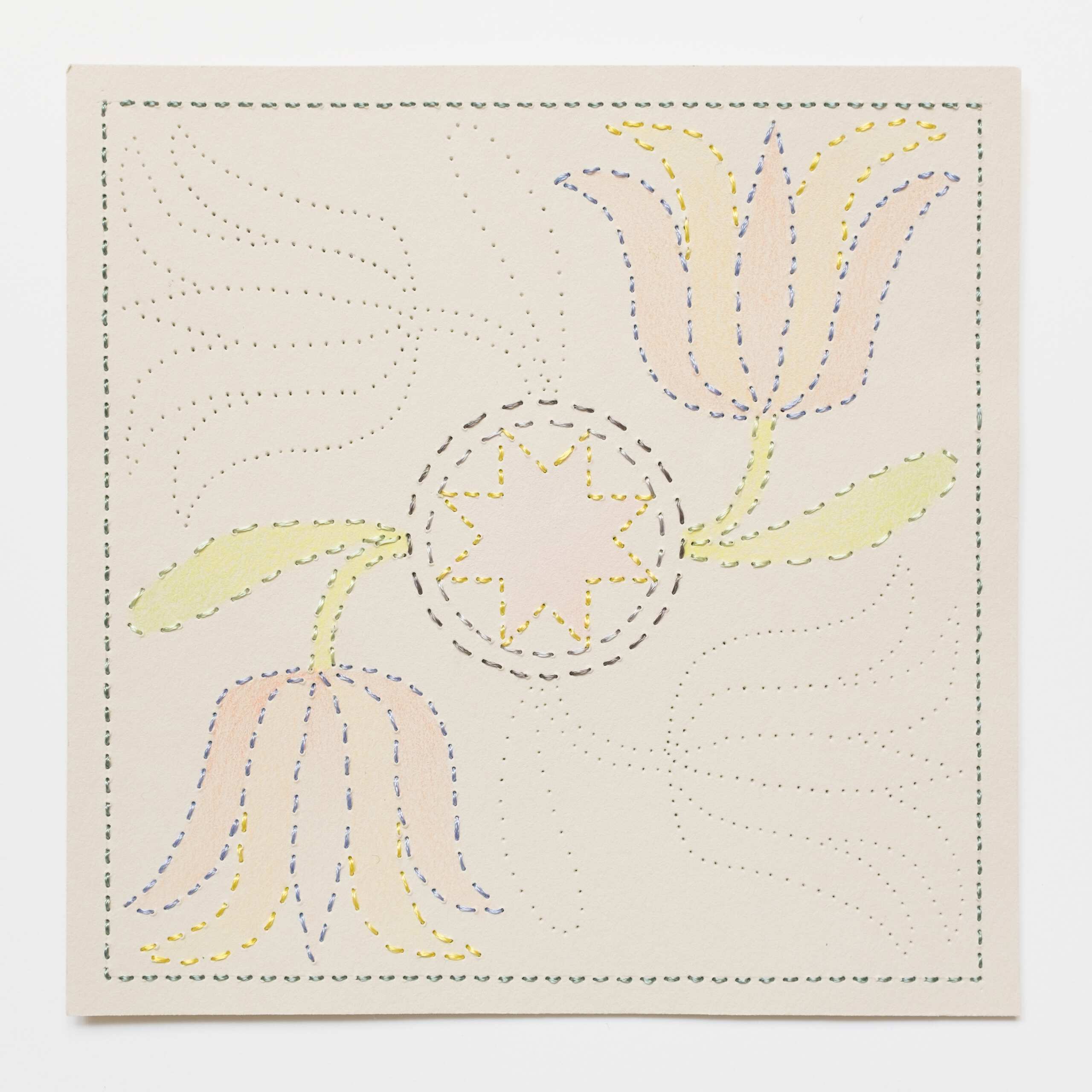 Quilted Composition [grey // tulips], Hand-embroidered silk thread, pencil, and coloured pencil on paper, 2019