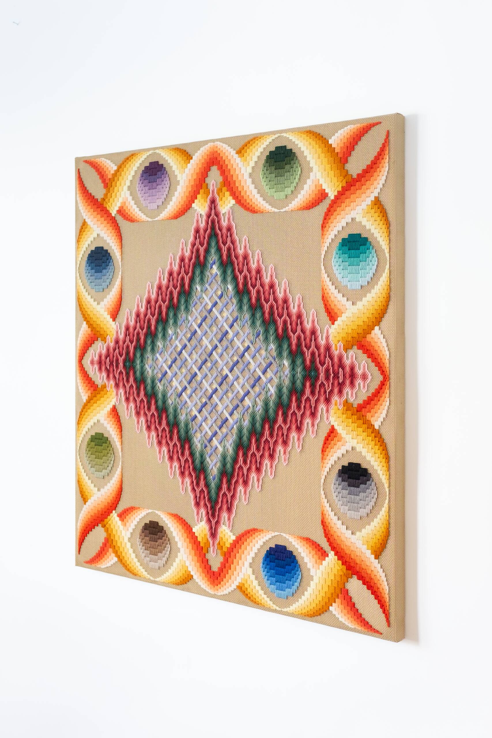 sky-mask bearing the hint of eyes, or of a mouth, or perhaps both [pink-green psychic portal], Hand-embroidered wool yarn on cotton canvas over cedar panel, 24-carat gold leaf, 2024