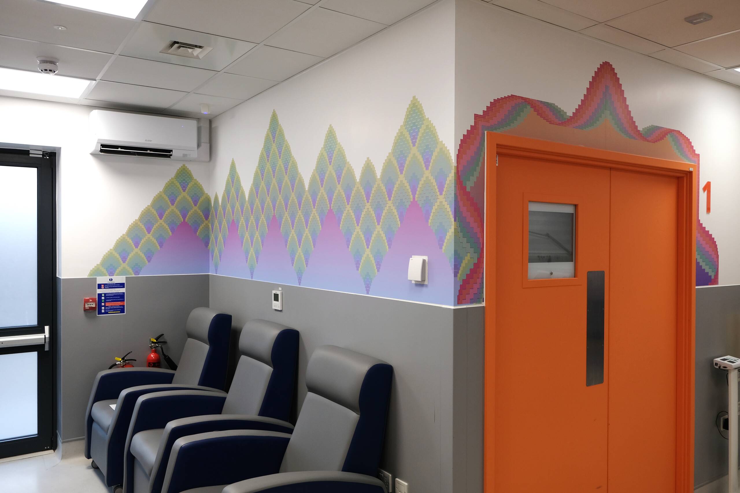 Stitch Space, Printed vinyl and framed works on paper, commissioned by Vital Art/ NHS for permanent installation at Newham Hospital, London, 2022
