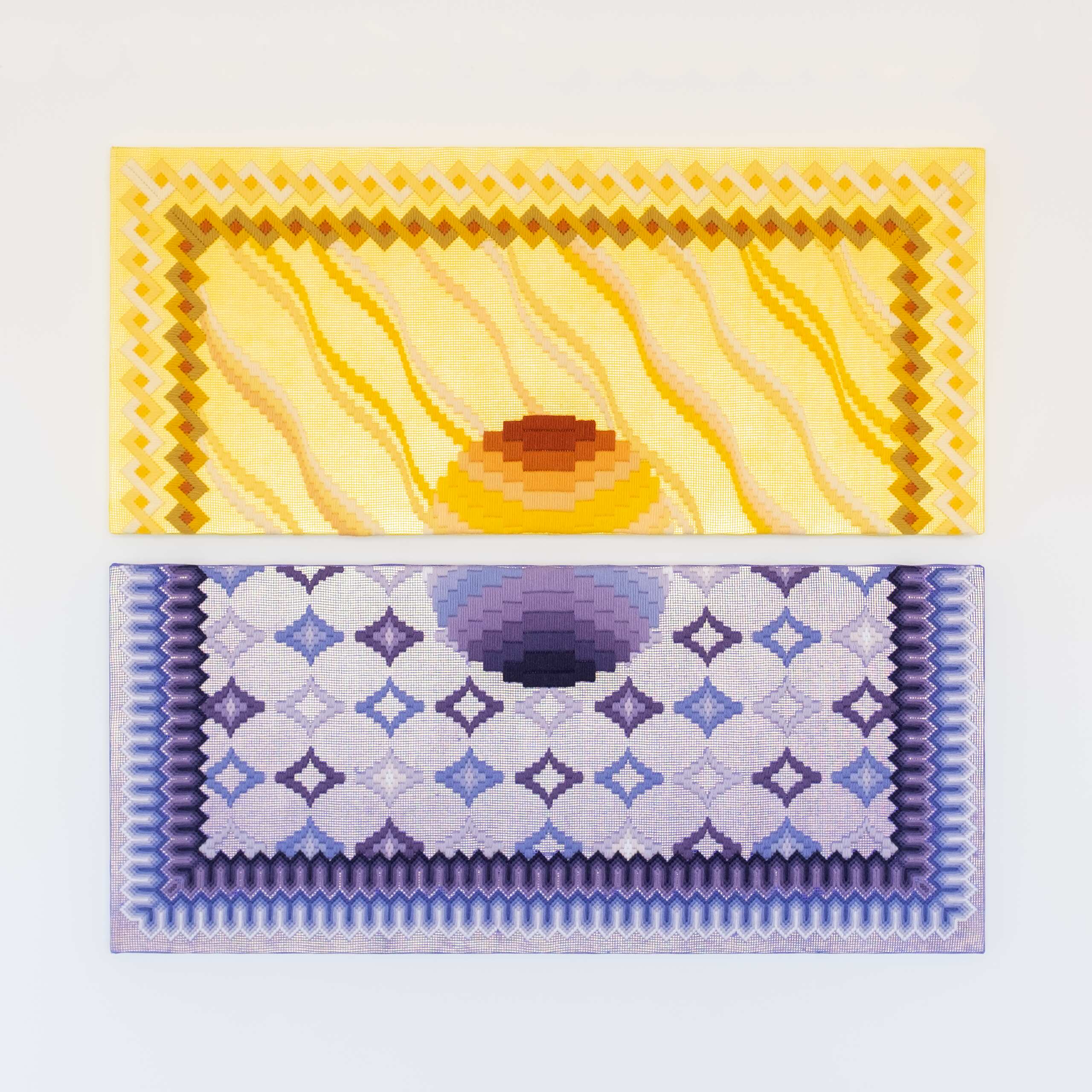 The dawn of a new day [yellow & purple], Hand-embroidered wool thread and acrylic paint on canvas over gilded panel, 2020