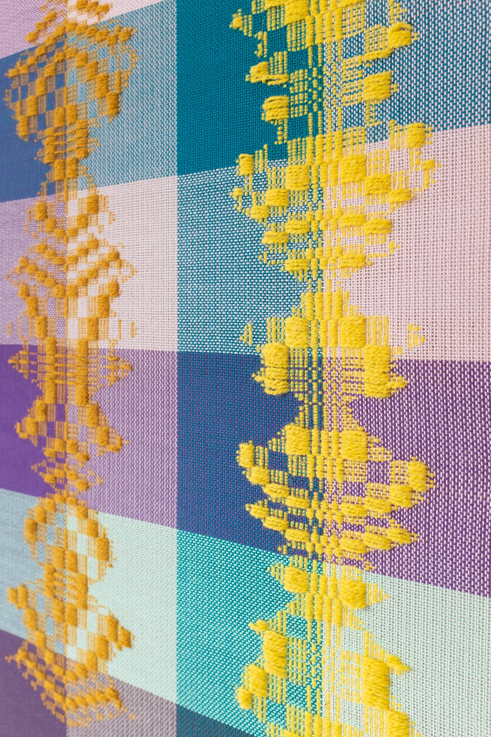 Three beings [blue-bronze-yellow on high-contrast ground], Hand-woven cotton and wool yarn, 2022