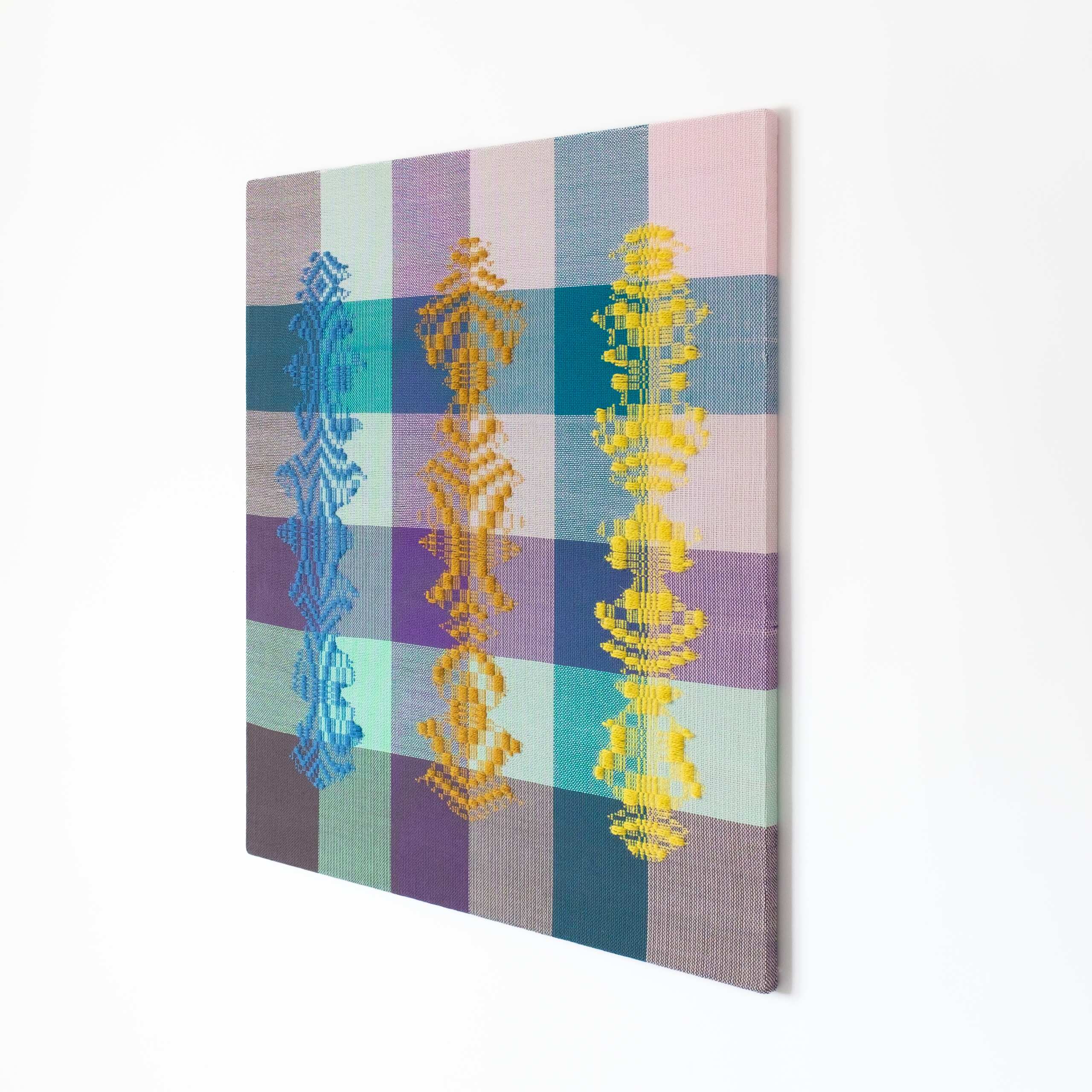 Three beings [blue-bronze-yellow on high-contrast ground], Hand-woven cotton and wool yarn, 2022
