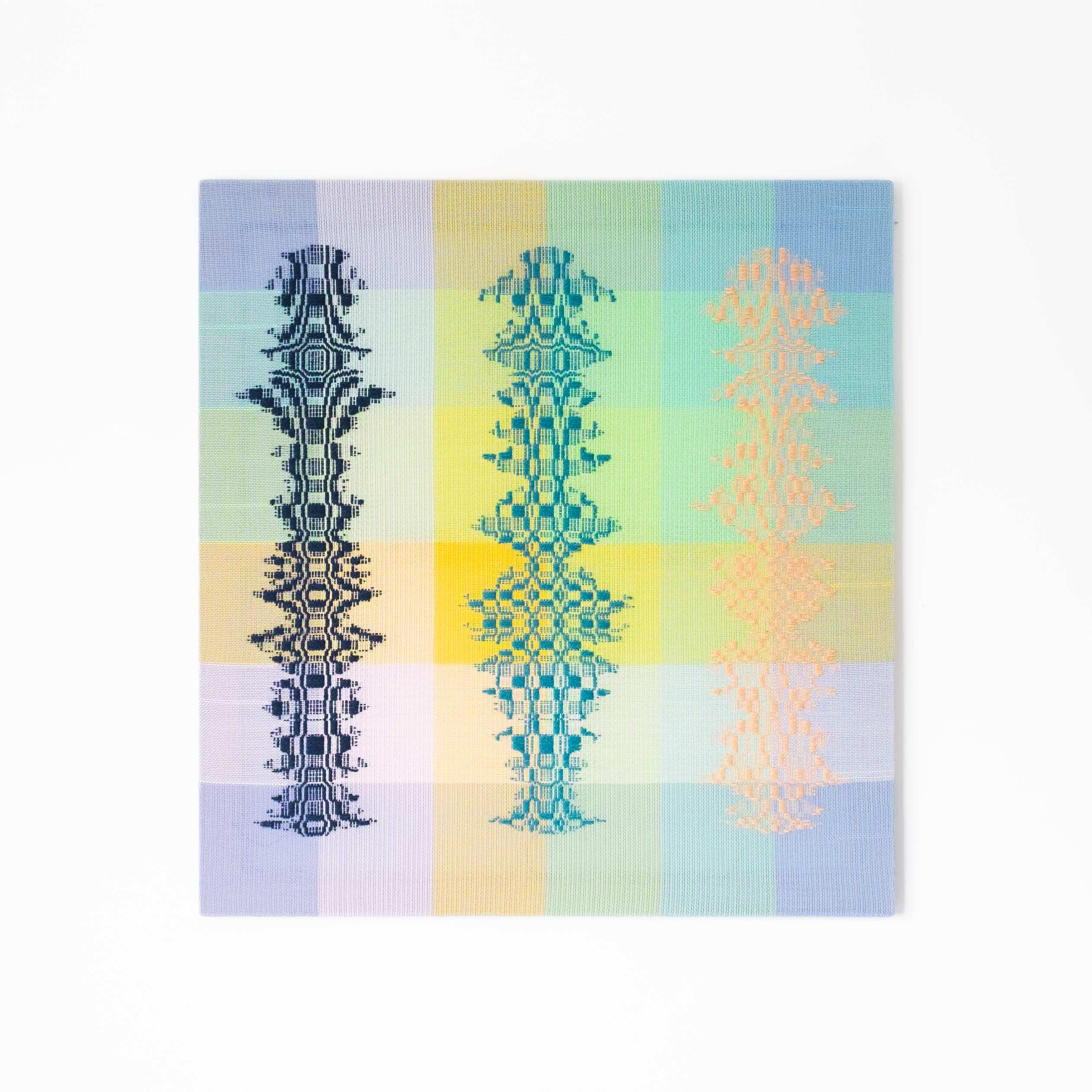 Three beings [navy-teal-peach on pastel ground], Hand-woven cotton and wool yarn, 2022