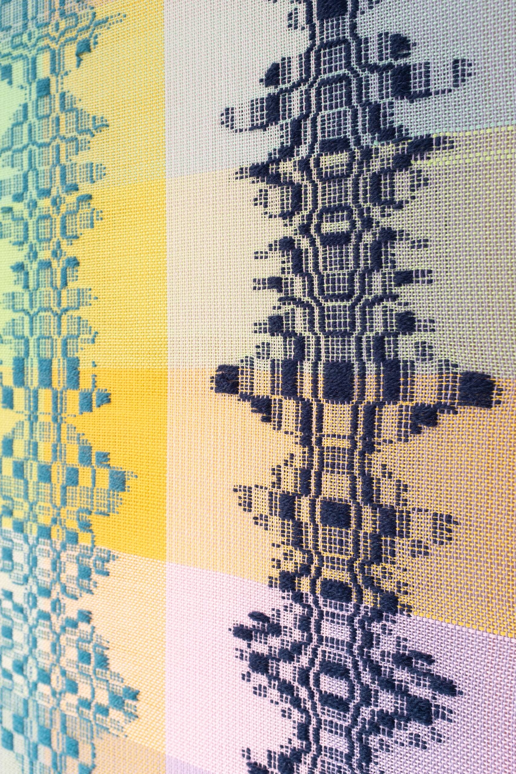 Three beings [peach-teal-navy on pastel ground], Hand-woven cotton and wool yarn, 2022