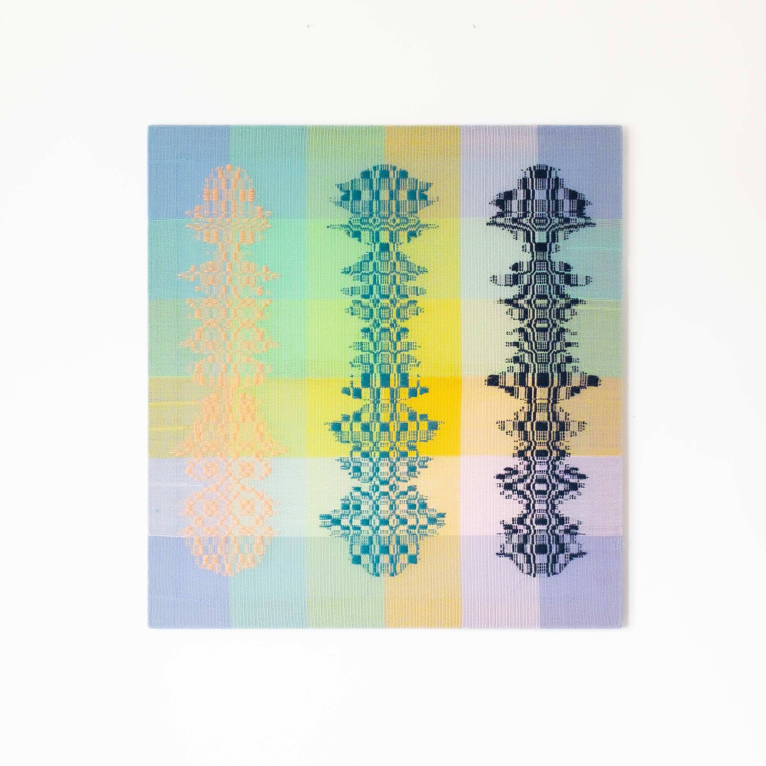 Three beings [peach-teal-navy on pastel ground], Hand-woven cotton and wool yarn, 2022