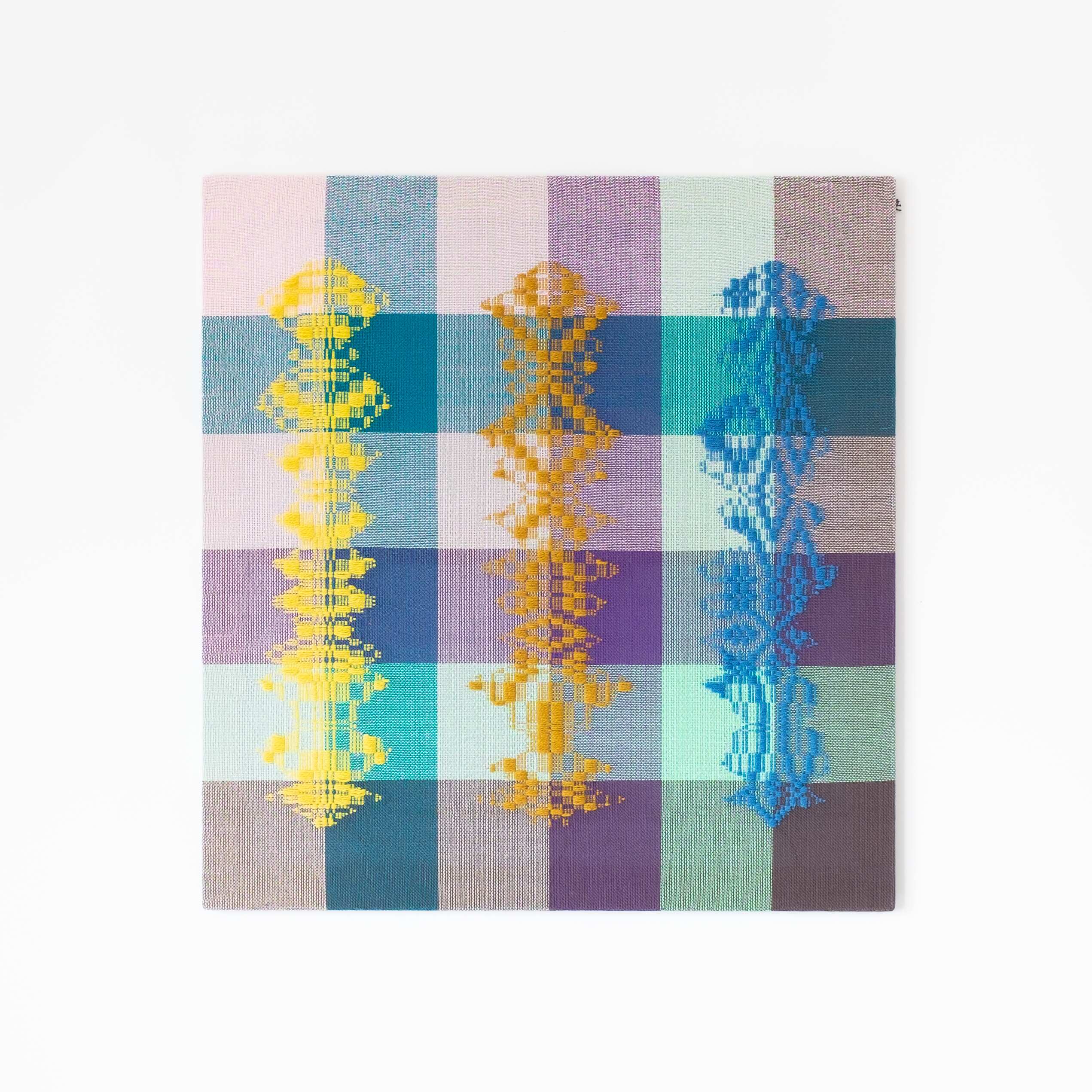 Three beings [yellow-bronze-blue on high-contrast ground], Hand-woven cotton and wool yarn, 2022