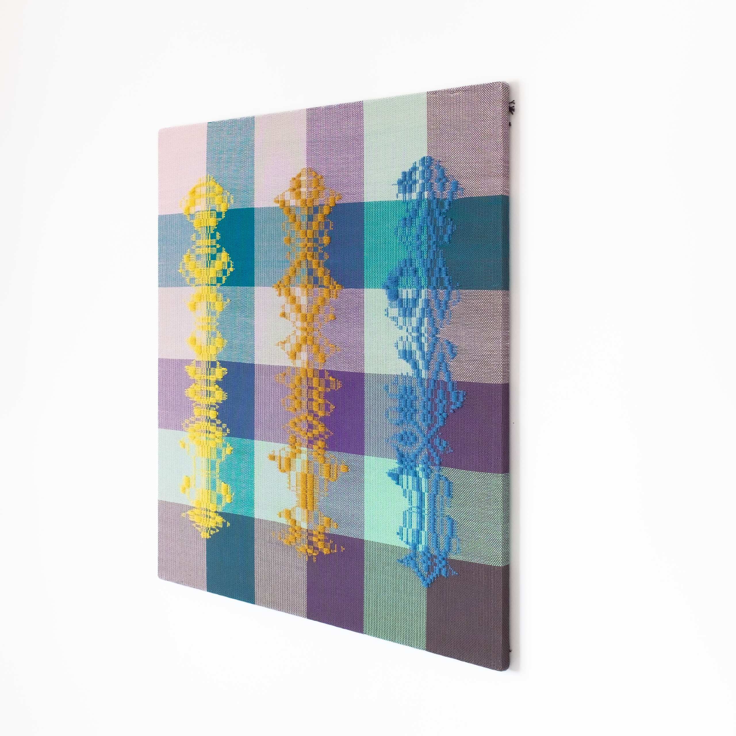 Three beings [yellow-bronze-blue on high-contrast ground], Hand-woven cotton and wool yarn, 2022