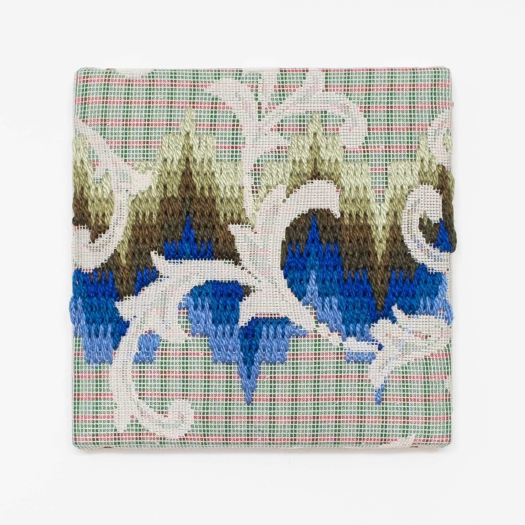 Triple-layer gather-gusset [green-blue northern lights], Hand-embroidered silk on lace over fabric, 2019