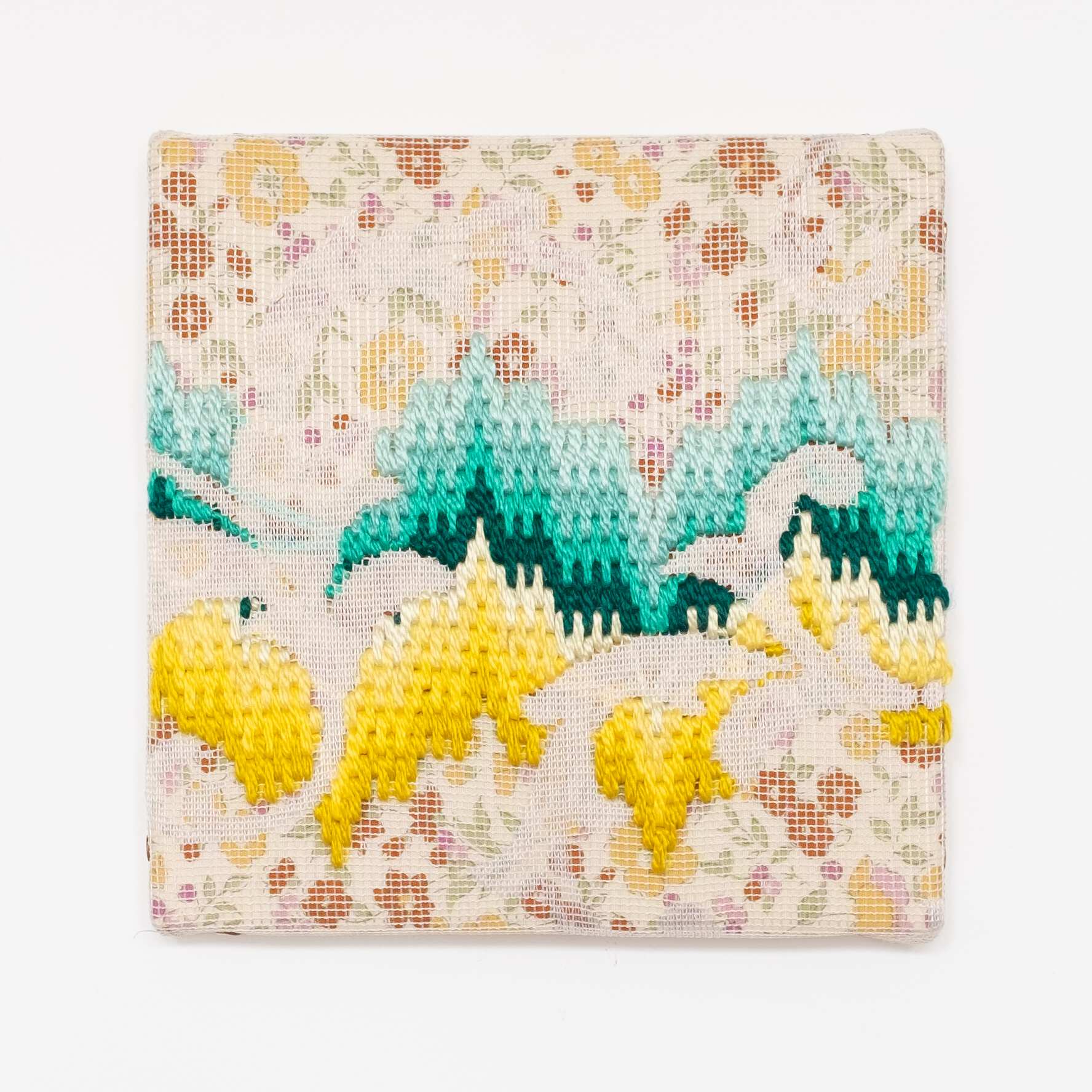 Triple-layer gather-gusset [green-yellow northern lights], Hand-embroidered silk on lace over fabric, 2019