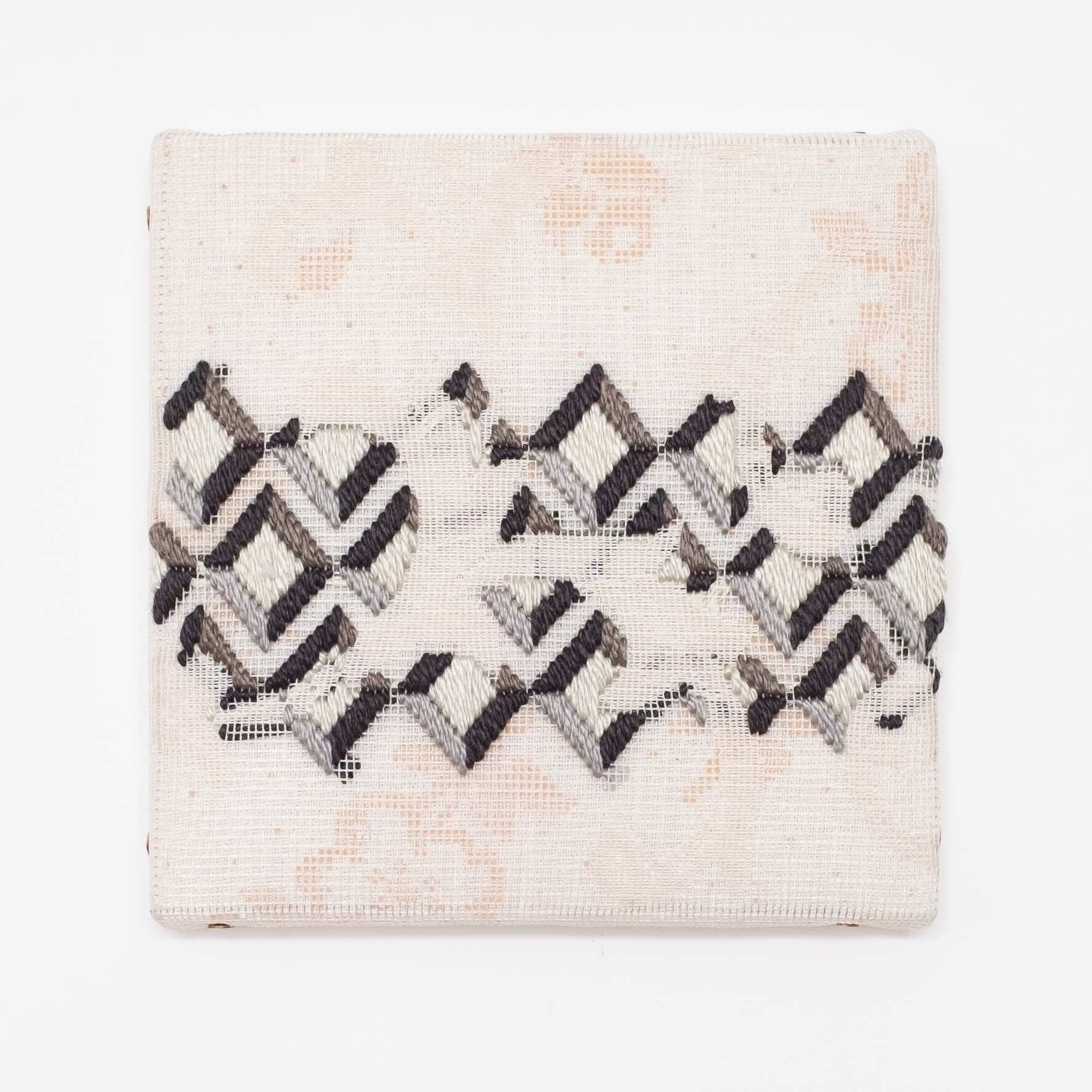 Triple-layer gather-gusset [grey diamonds], Hand-embroidered silk on lace over fabric, 2019