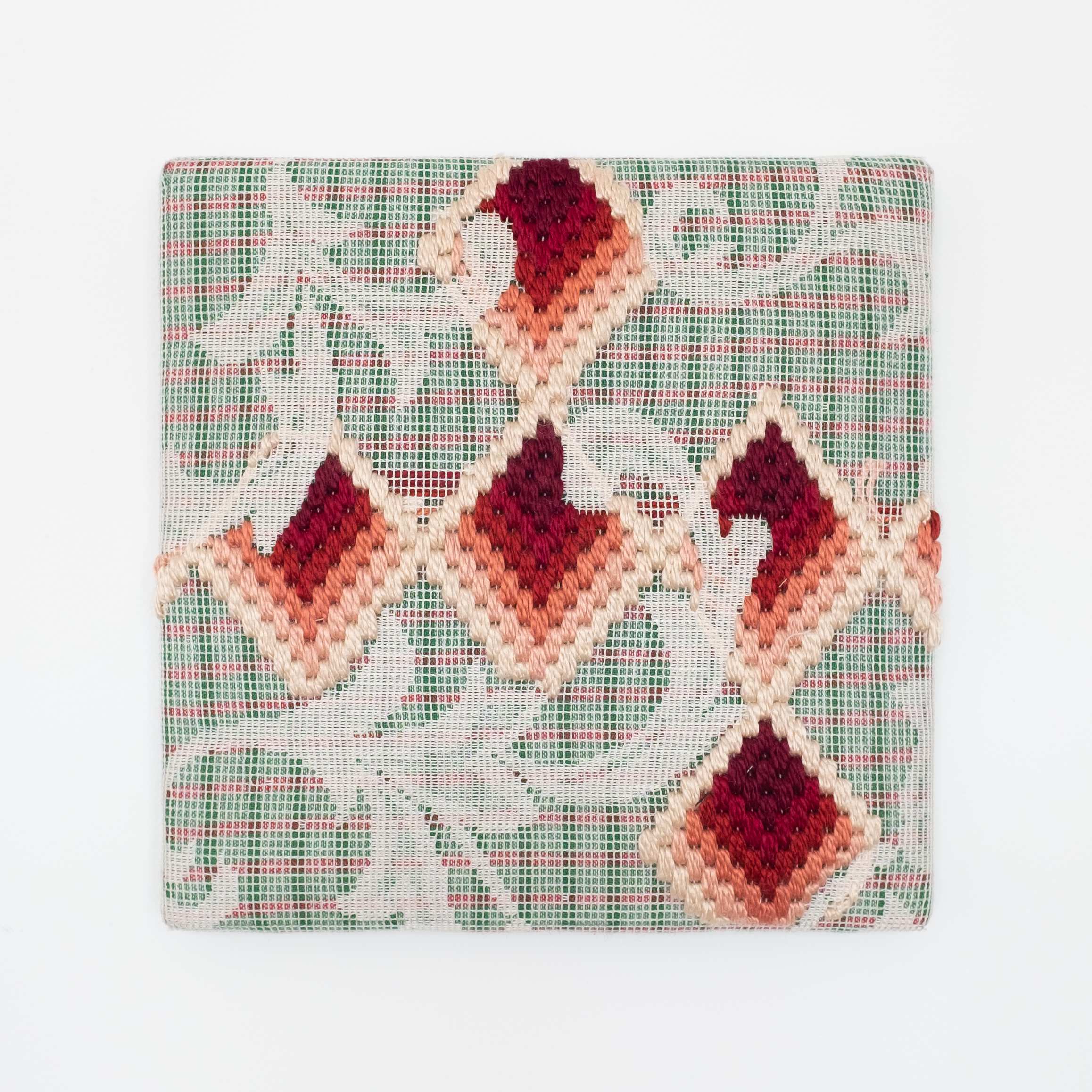 Triple-layer gather-gusset [red squares], Hand-embroidered silk on lace over fabric, 2019