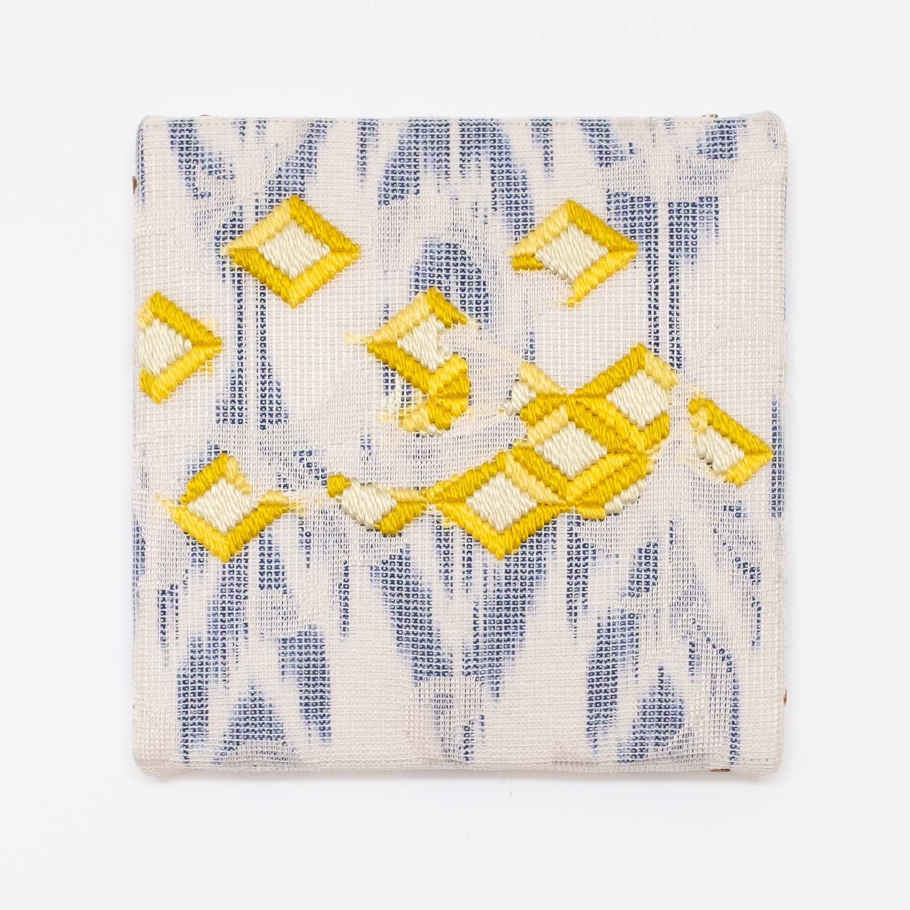 Triple-layer gather-gusset [yellow diamonds], Hand-embroidered silk on lace over fabric, 2019